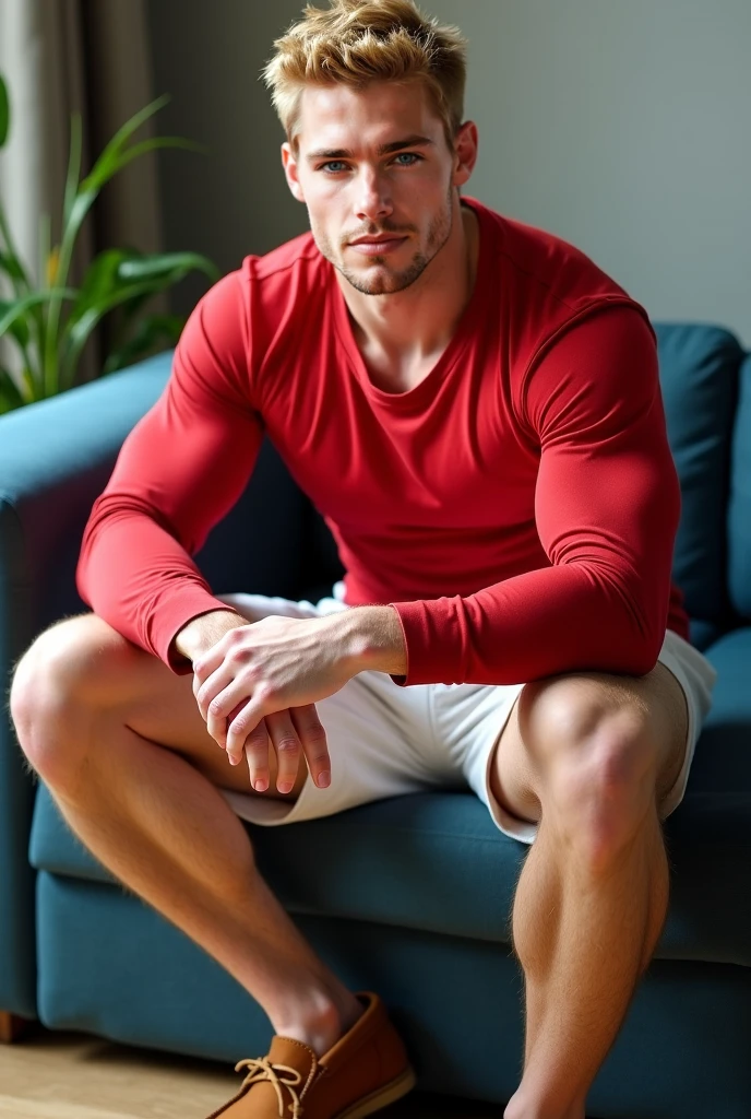 ((best qualityer)) blond man, looking at the camera, realisitic, body builder, in a photo studio, sitting on a sofa, with sexy firefighter costume.