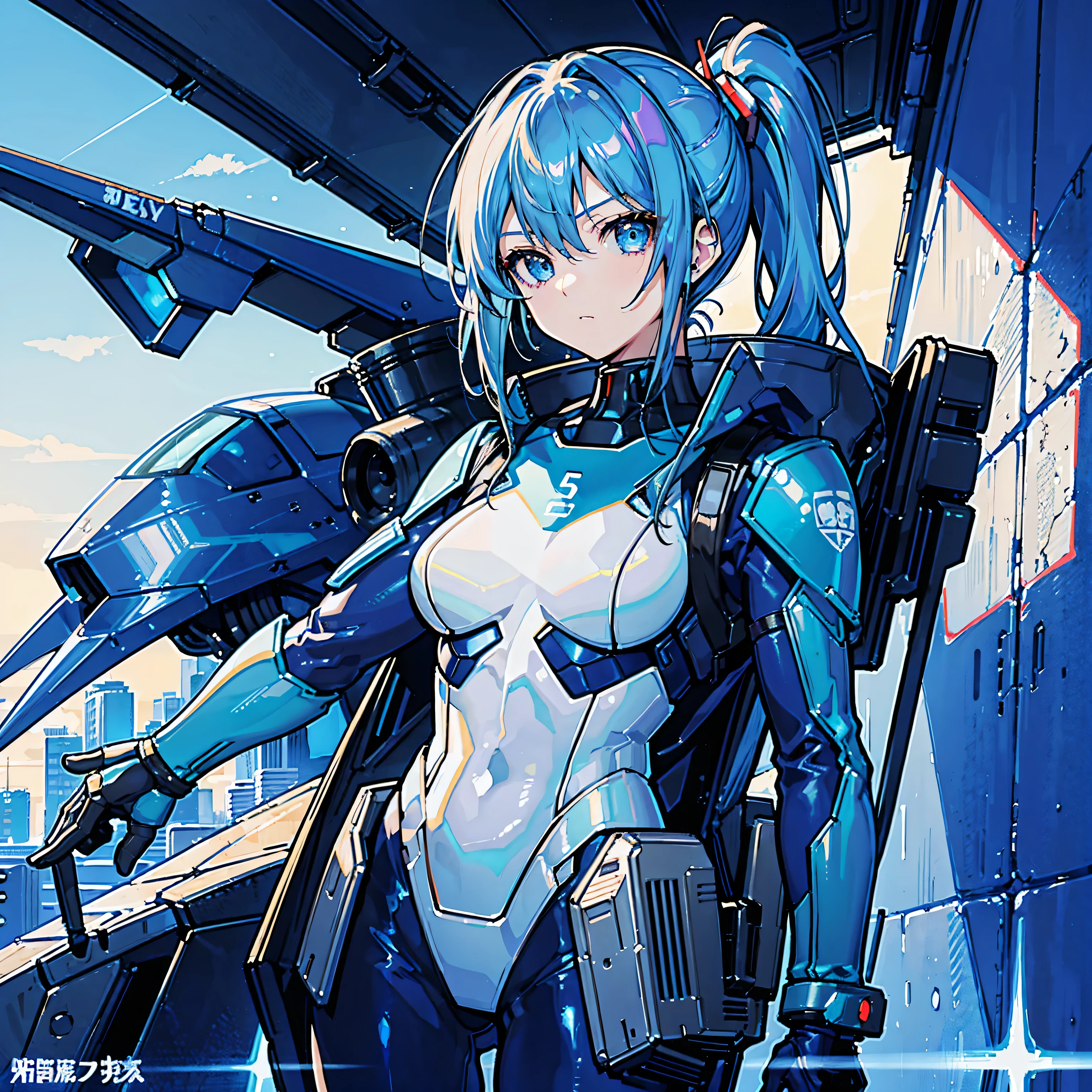 Blue Hair、Masterpiece、Best Quality、1 girl、Medium breast、((Album cover))、Light on Face、Slim Body、Blue Costume、Exoskeleton、metal Gear、Cyberpunk Style、ponytail、The Gundam pilot、attention arousal,Ride a fighter