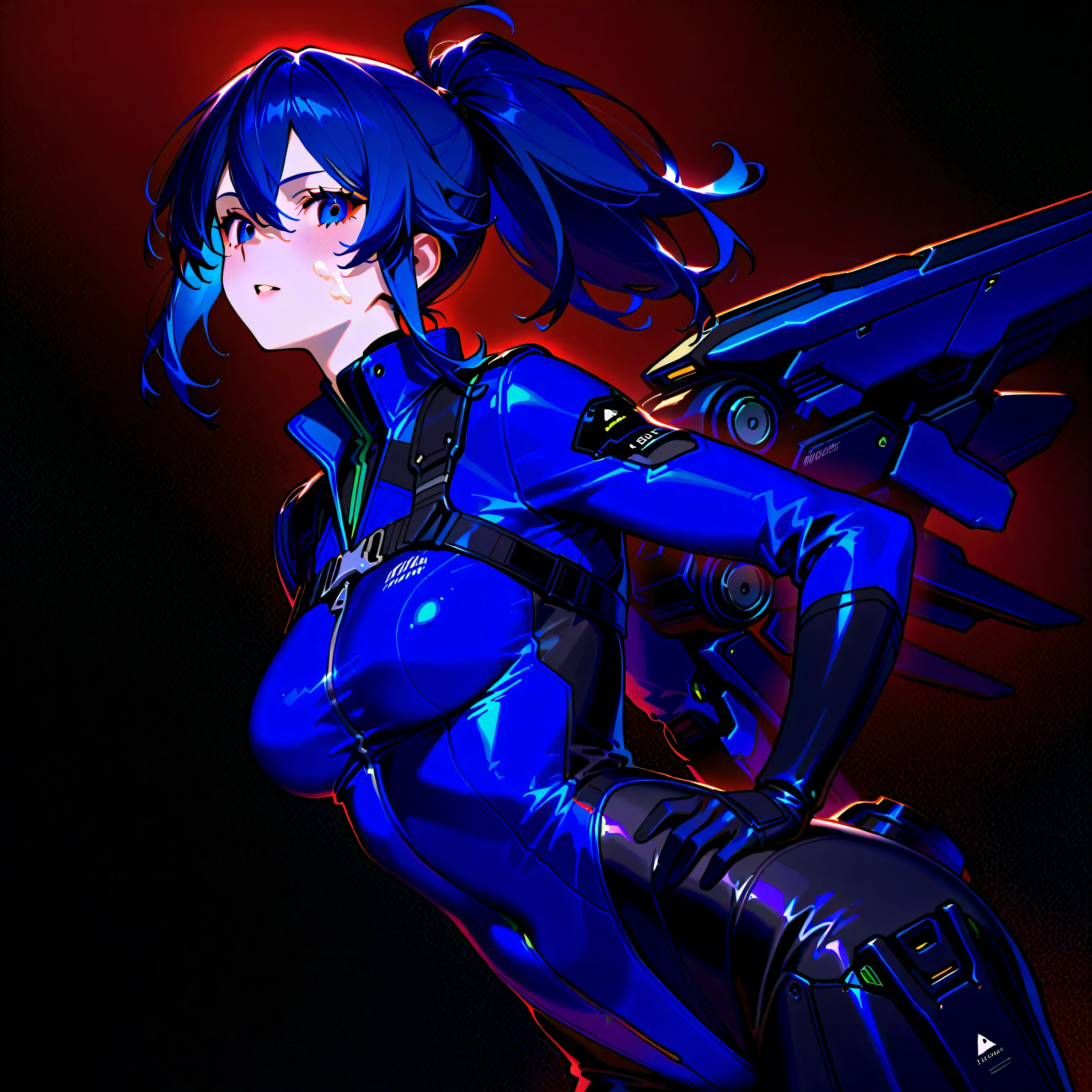 (masutepiece), Best Quality, High resolution, Ultra-detailed, Vivid texture, Stand up powerful, A tight bodysuit that emphasizes her gorgeous figure, Dynamic lighting, Blue/Black color contrast, cinematic view, intense emotion, Immersive experience, timeless beauty, Breathtaking.