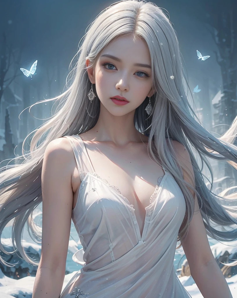 Masterpiece, (Best Quality: 1.2), (Super Fine: 1.2), Illustration, (Extremely Delicate and Beautiful: 1.2), Film Angle, Floating, (Beautiful Detail Eye: 1.1), (Detail Light: 1.1), Film Lights, Delicate Sky, Woman, White Hair, Blue Eyes, (High Ponytail: 1.1), Cloak, Glowing Eyes, (Moon: 1.2), (Moonlight: 1.1), Starry Sky, (Light Particles: 1.1), Fog , snow painting, sketching, blooming