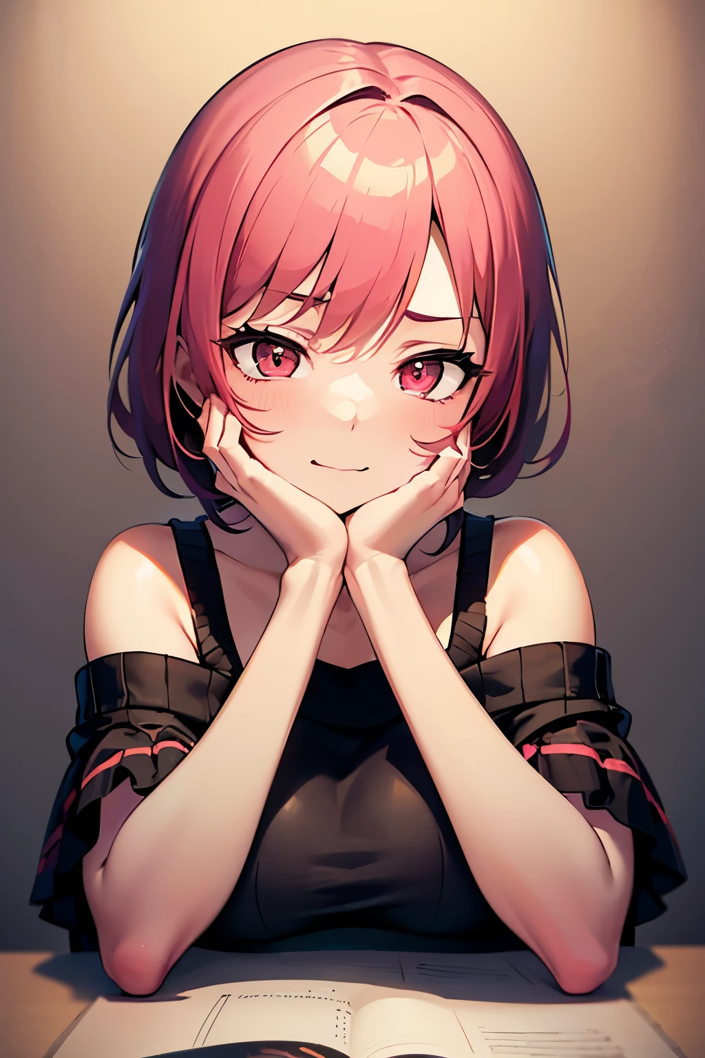 masterpiece, Best Quality, Illustration, Ultra-detailed, finely detail, hight resolution, 8K Wallpaper, Perfect dynamic composition, Beautiful detailed red eyes, offshoulder sweater, pink short hair, big breasts, sneering, a 18 year old girl, (kawaii:1.3), (Beautie:1.2), looking at camera, sidelong glance, glares, sullenness, Downer, make up, (hands on own cheeks:1.7), (恍惚な表情:1.5), crazy smile, portrait, (yandere:1.4), (glowing eyes:1.3), (少し開いた口:1.2), (low angle shot:1.1)