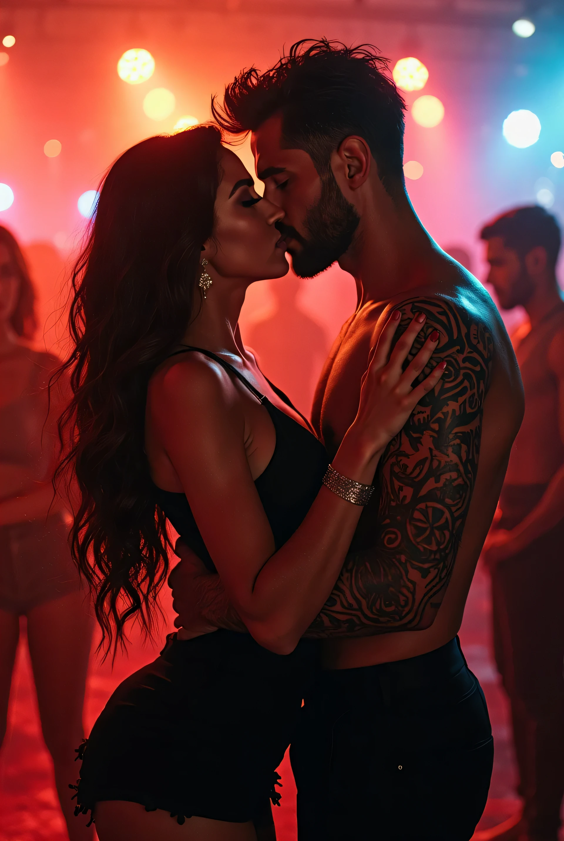 Sexy, stunning, Indian girl lifting a man cradled in her strong arms. She is standing confidently in a night club wearing an elegant dress. The man is large and overweight. She is extremely strong.
