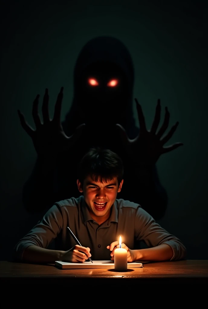 A dark room with a red light, in the middle a boy sitting looking towards the camera, In front of him a table with an open bible and behind him the darkness of the room, but with two bright spots behind it resembling eyes, let the darkness be noticed, and the boy is a little far away so that it is not clear if it is a drawing or a real person, try to make it as real as possible