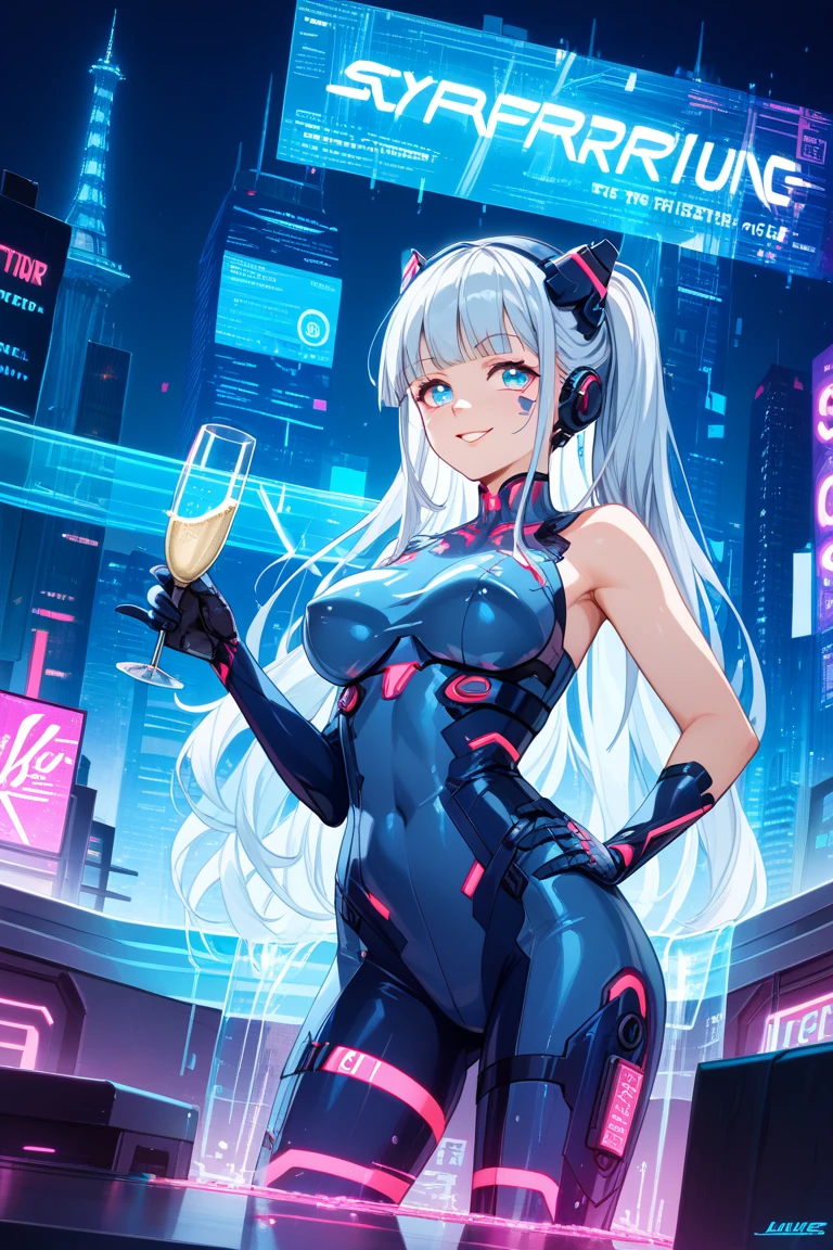 beautiful high school girl, friendly smile, shiny blue and white latex Evangelion plugsuit with glowing elements, ((muscular abs, muscular arms)), athletic body, big perfect breasts, thin waist, sitting in her futuristic cyberpunk room near a window with spectacular city view, holding a beverage, looking at viewer, subtle friendly smile, light reflections, detailed face, masterpiece, best quality, highres, absurdres, ultra detailed, pretty eyes, semi realistic