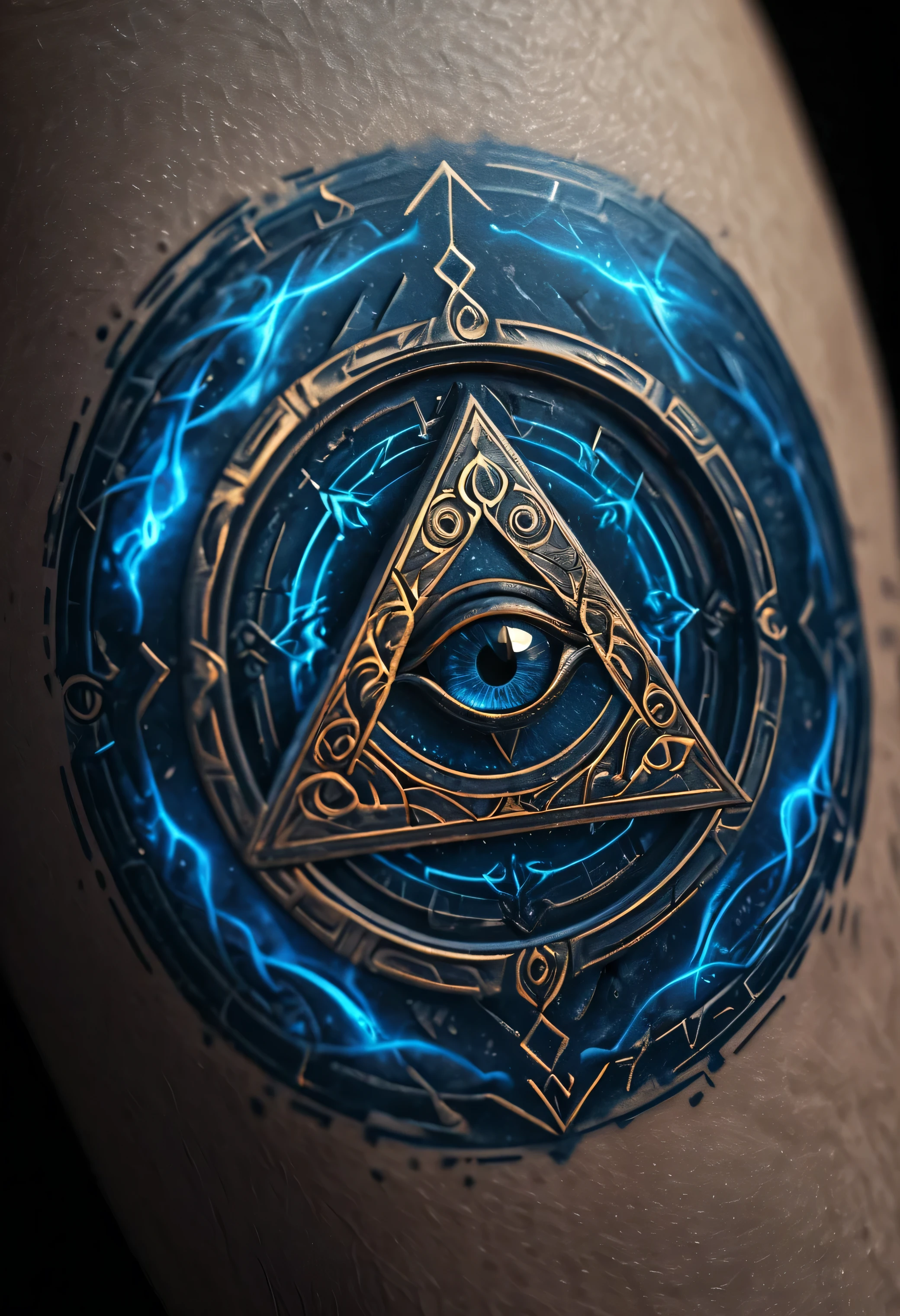 Create a highly detailed and vivid magical seal, that as glowing, work of art inspired by tattoos. The basic shape is a perfect circle, resembling a binding circle, with intricate , sharp and precise demonic runes, engraved on the outer edge. The runes have a dark, mysterious aesthetics, but they glow intensely in a vibrant golden and smoky blue light, as if they were penetrated by raw magical energy. Inside the circle is a central symbol — a stylized, pyramid with a central eye, that with a menacing, but elegant design is depicted. The eye radiates a swirling, smoky aura of, in which golden and blue energy radiates outwards. The entire seal is full of magic and glows, as if it were a in the skin etched tattoo, the light flows out of the runes and the central symbol in a mesmerizing and dynamic way. The design is sharp, clean and perfect for printing, without blurry or unclear elements. The tattoo-like quality is created by smooth, flowing lines , subtle color gradients and a perfect balance between complexity and readability. The overall composition is symmetrical and balanced, with the magical energy harmoniously across the seal flows. The style is dark and mysterious, with a touch of elegance, which makes it visually noticeable and memorable. The seal emits a sense of magic, as if it could be etched into the skin or printed on a book cover with the same effect. ultra high resolution, 32K and photorealistic quality, with a focus on the tattoo-like details and the glowing, magical energy. The lighting effects are dynamic, with a mixture of gold, shades of blue and smoke, that create a truly fascinating and powerful design."