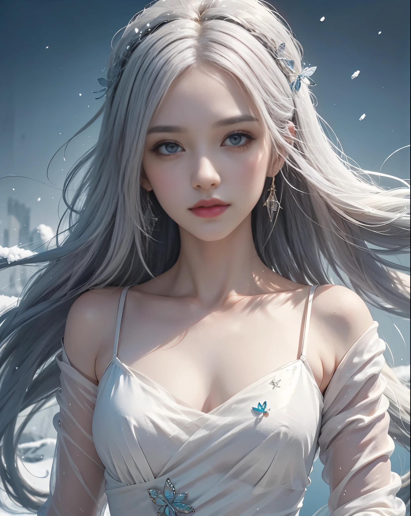 8K,Pale-skinned ice queen,Clear blue eyes,Super beautiful(like the real thing),A pure white dress with a blue snowflake emblem,sharp gaze,stern look,Mysterious Make-up,pale hair,holding a big golden stick in his hand,Sexy adult empress,perfect face,masterpiece,Intricate details,Volume measurement,perfect handsの造形,body balance,ultra high resolution,super realistic skin,Digital single-lens reflex camera, soft lighting, high quality, highly detailed face, highly detailed eyes, highly detailed skin, skin, Scattered beneath the surface,  highly detailed face, highly detailed eyes, beautiful expression, lip whole, detailed background, Depth of the bounds written, small breasts、volume lighting, sharp focus, absurd, realistic proportions, excellent anatomy, (realistic, 超realistic:1.4), 16K HDR, dawn,small breastsA high resolution,super realistic skin,super beautiful expression,fantasy art,character art,dynamic pose,perfect hands,Martial Arts Posture,Combat,