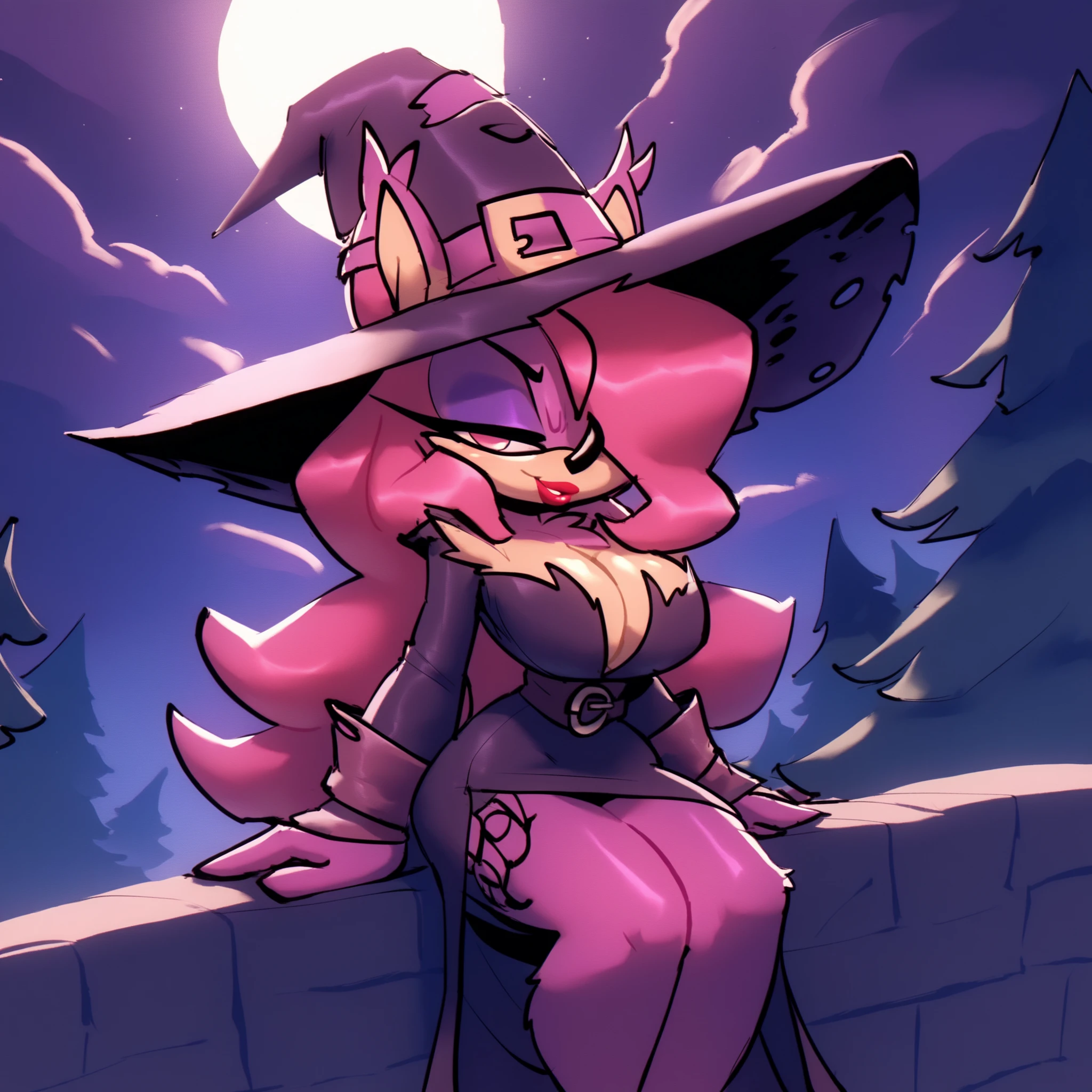 uploaded on e621, explicit content, (katahane3, naika, ruka, chobonolly, mmbct01), , female, solo, zoroark, smile, big breasts, natural breasts, purple clothing, purple hat, purple cleavage, long purple robe, purple underwear, witch hat, thick thighs, wide hips, magic user, witch clothing, post-apocalypse, crumbling medieval city on background, late night, moon, dark alleyway, looking at the viewer, full body, three-quarter view,