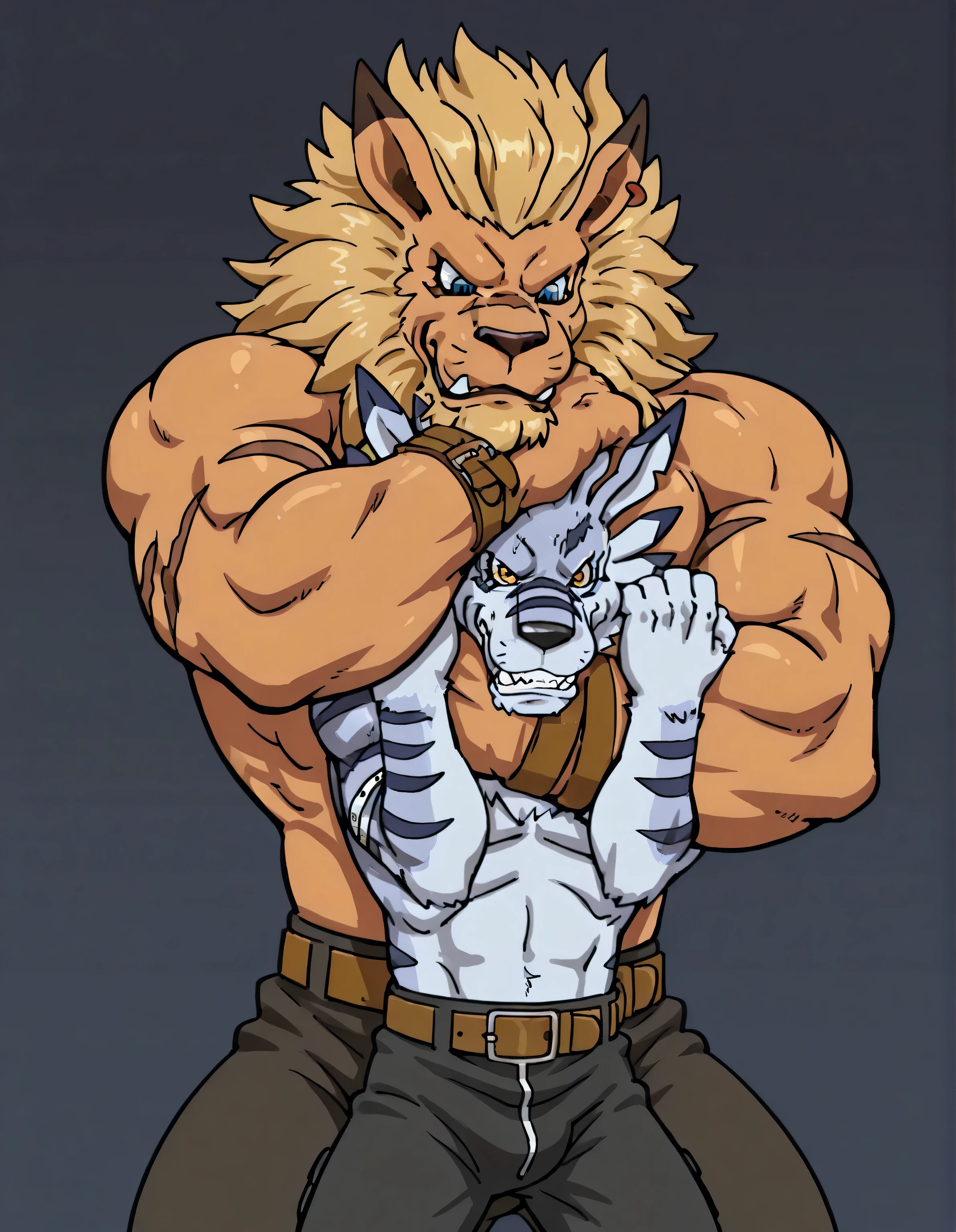 leomon chokes weregarurumon, weregarurumon, weregmonil, wolf, light blue fur, yellow eyes, dark blue stripes, leomon, anthro, blue eyes, furry, 2boys, duo, two characters, lion, male, mane, high quality, simple background, cel shaded, thick arms, muscular, half body, glistening body, stern face, Sleeper hold, Choke hold, Strangulation, Submission hold, struggle, looking at each other, size difference, belt, pants, leomon has big body