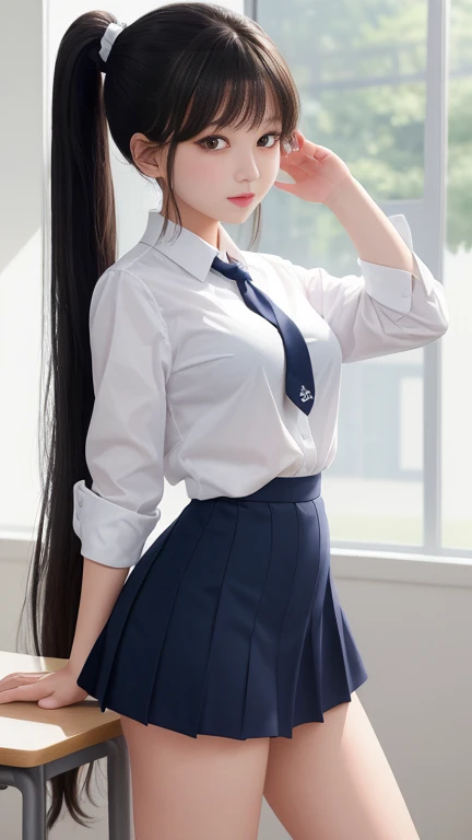 Young girl with big breasts Wear a white shirt. There is a name tag on the left chest. Tie a dark blue necktie Wear a dark blue petal skirt. Wear a black leather belt with a silver buckle. Tie your hair into a ponytail and tie it with a white bow.