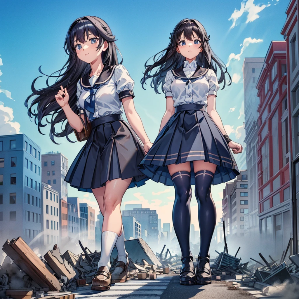 Composition viewed from below (blue sky) ((cumulonimbus)) masterpiece Anime Style Delicate painting 4K 90's giant crowd ((battlefield)) ((destroyed metropolis)) ((Collapsed building)) ((ruins)) ((Rubble pile)) ((fire)) ((cigarette)) crowd Crowd of people ((((Giant adult woman walking))) ((business suit)) ((skirt)) Black Stockings Guard Belt White socks watch Black Hair smile female giant giant girl Whole body Crowd Unreal Engine,cleavage ,a drawing of a , long hai Beauty Analog style whole body