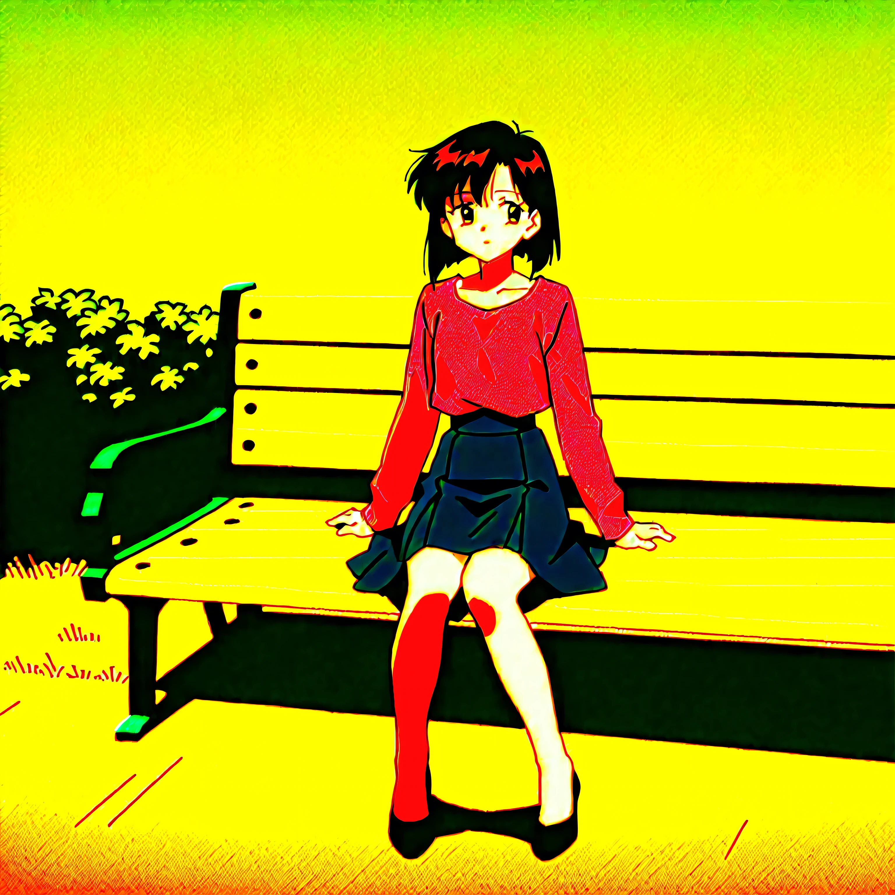 Light gray background　Red flower　Girl sitting on a bench　simple　