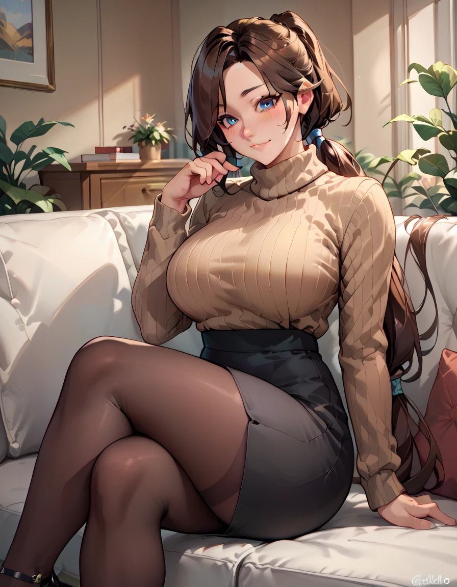(Masterpiece, top quality, high resolution, realistic photo, realistic looking skin:1.1),
(The woman is sitting on a sofa in a hotel lobby:1.8),
(The dress is so short you can almost see her panties: 1.8),
(We are looking at her from the front viewpoint:1.8),
(She has a smirking, smiling expression on her face:1.8),
(Since this is a hotel, there are no large thigh-highs or standing knees or any other mannerisms: 2.0),
(She is wearing a gray long-sleeved turtleneck mini knit dress: 1.8),
(The dress has a gap around her chest, revealing her cleavage: 1.8),
(She is wearing a pair of black middle boots: 1.8),
(Panties are red with a pattern: 1.8),
(bra and panties always come as a set: 1.5),
(Medium ponytail with brown hair:1.5),
(Small face:1.5),
(She is 25 years old: 1.5),
(She has D-cup breasts, so you can see her cleavage through her breasts: 1.5),
(The place is a sofa in a hotel lobby:1.5),
1 Japanese girl, solo, full bodied esbian, beautiful eyes, shining eyes, shining thighs, NSFW