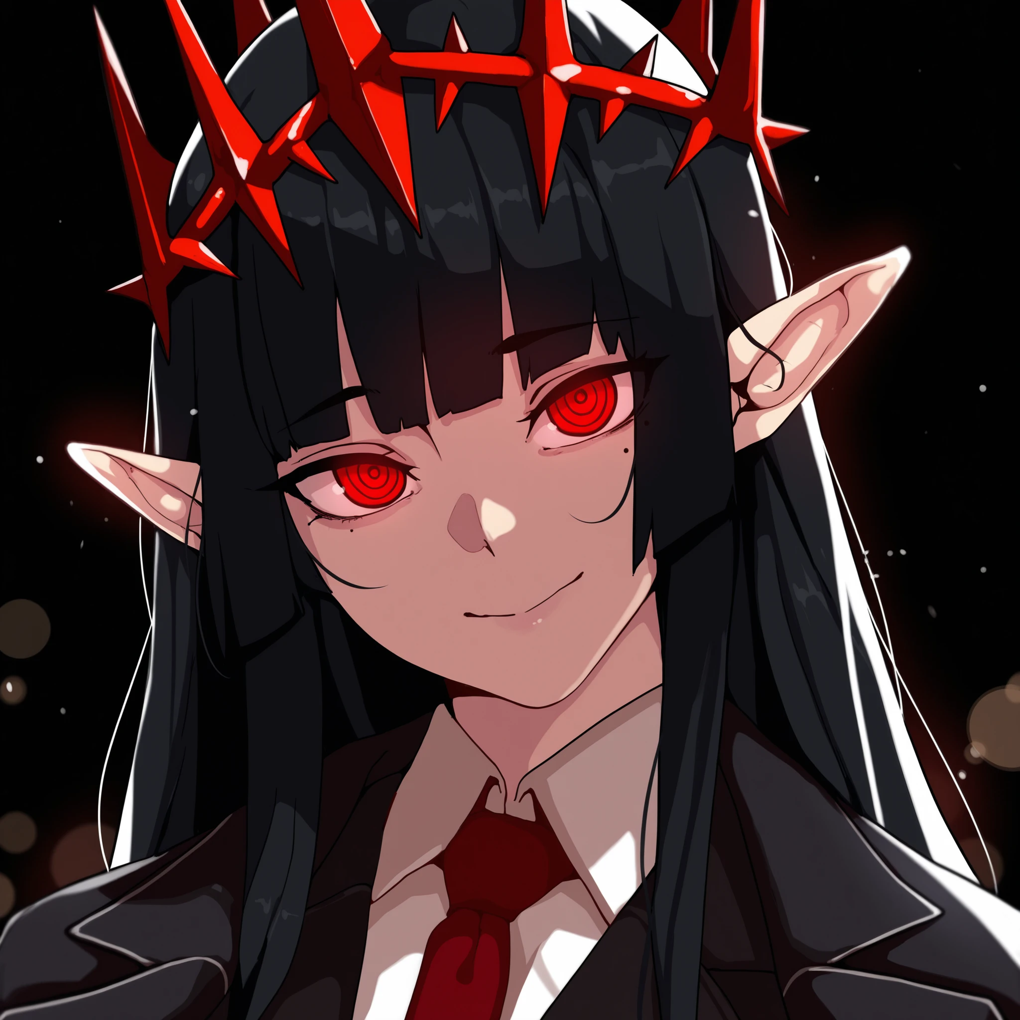(BAPV, red theme), girl, (1girl, solo,) <lora:hiqcg_body_epoch:0.3:Faceexcstrong>, smile, pointy ears, long hair, looking at viewer, black nails, sky, purple eyes, bangs, nail polish, purple hair, grin, long sleeves, black hair, cloud, very long hair, sleeves past wrists, pink eyes