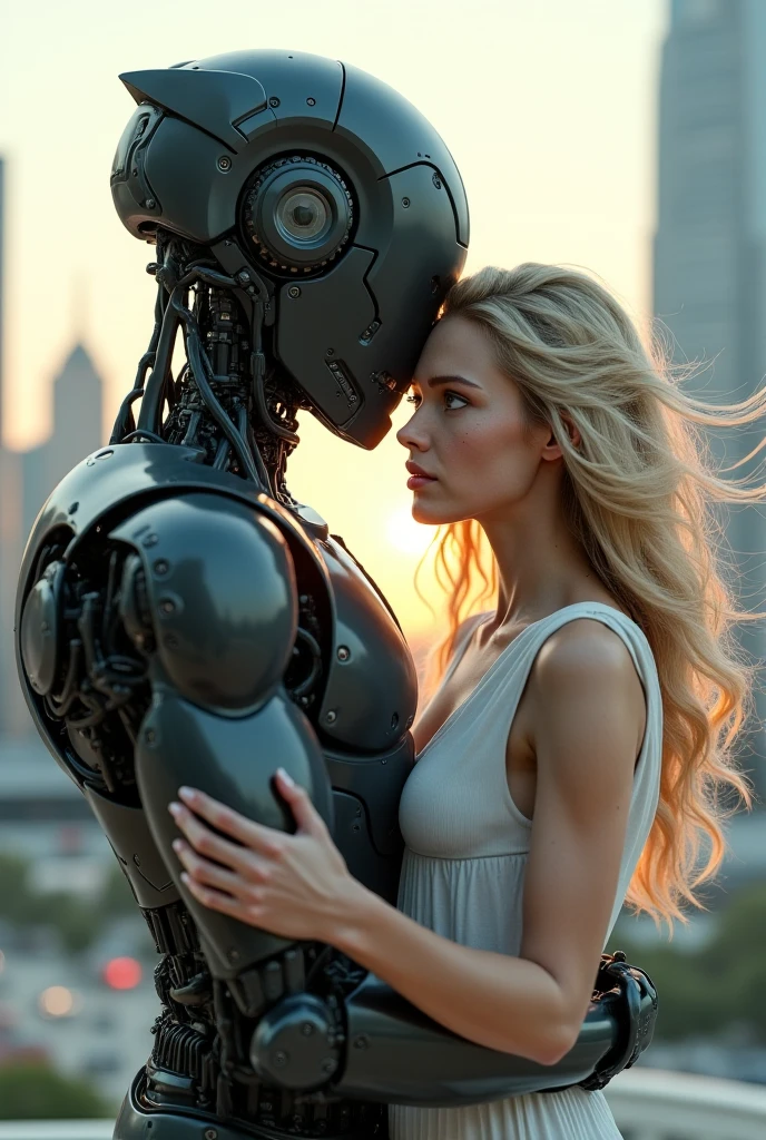 On the rooftop of a skyscraper, a male cyborg and a female cyborg engage in a sexual relationship. They are both depicted in stunning detail, with intricate details highlighting their magnificent anatomies. The scene is captured in the highest quality, showcasing the absurd resolution of 8K. The artwork is a masterpiece, featuring beautiful and slim bodies that are expertly crafted. The intense focus on intricate details enhances the hyper-detailing of the cyborgs' features, making them appear even more realistic. The lighting is soft and natural, casting a gentle glow that accentuates their natural skin textures. The overall composition of the artwork is carefully cropped to showcase the enticing 1/2 body of the cyborgs. The HDR technology further enhances the visual impact of the image, resulting in a truly breathtaking piece.