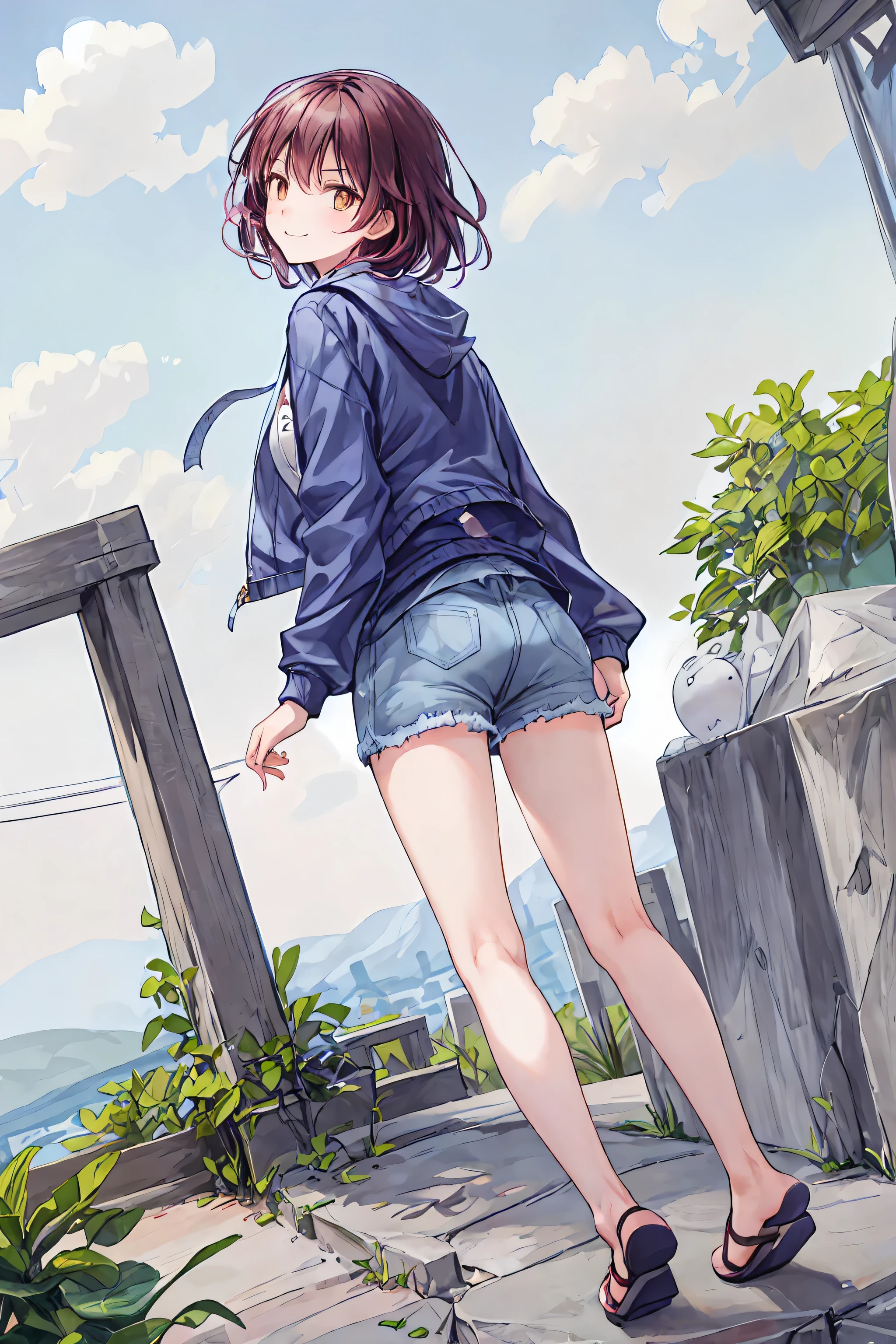 1 person, tomb, THE MOST DETAILED GIRL , look back, perfect body, female, 20 years old, Long Messy White Hair , dry hair, the best smile that captivates the eye, Floating Hair, Giant wild hair , Grin, v-shaped eyebrows, Golden Eyes, medium chest , bright skin, Larger clothes, hoodie, shorts, sandals, black clothes, masterpiece, best masterpiece,