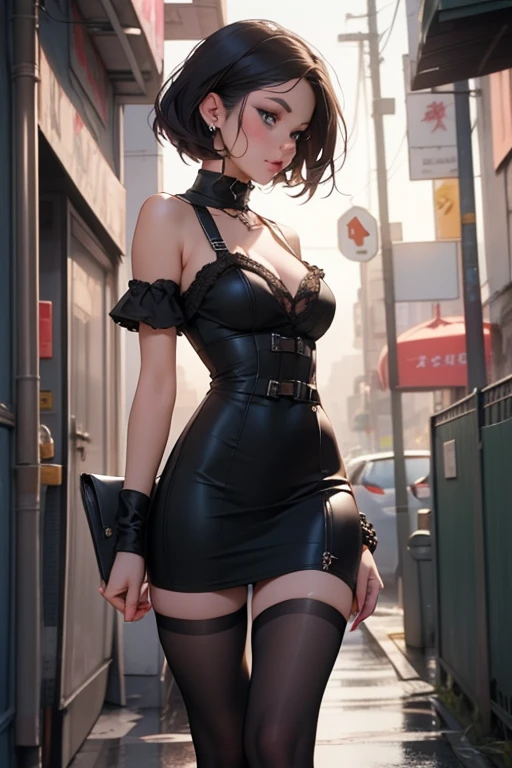 masterpiece, best quality, highres, 1girl, solo, bangs, blush, light makeup, (glossy lips), highly detailed, illustration, aichan, short brown hair, side braid, standing, city street, night, crowd, (witch), cleavage, (strapless witch dress), thigh highs