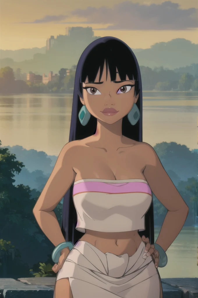 (masterpiece:1.2, best quality:1.2), ambient soft lighting, perfect lighting, 1girl, chel, black hair, long hair, blunt bangs, brown eyes, dark skin, lipstick, large breasts, wide hips, tube top, cleavage, bare shoulders, emerald earrings, emerald bracelets, upper body, solo, looking at the camera with a smug look on her face, hands on hips, market background