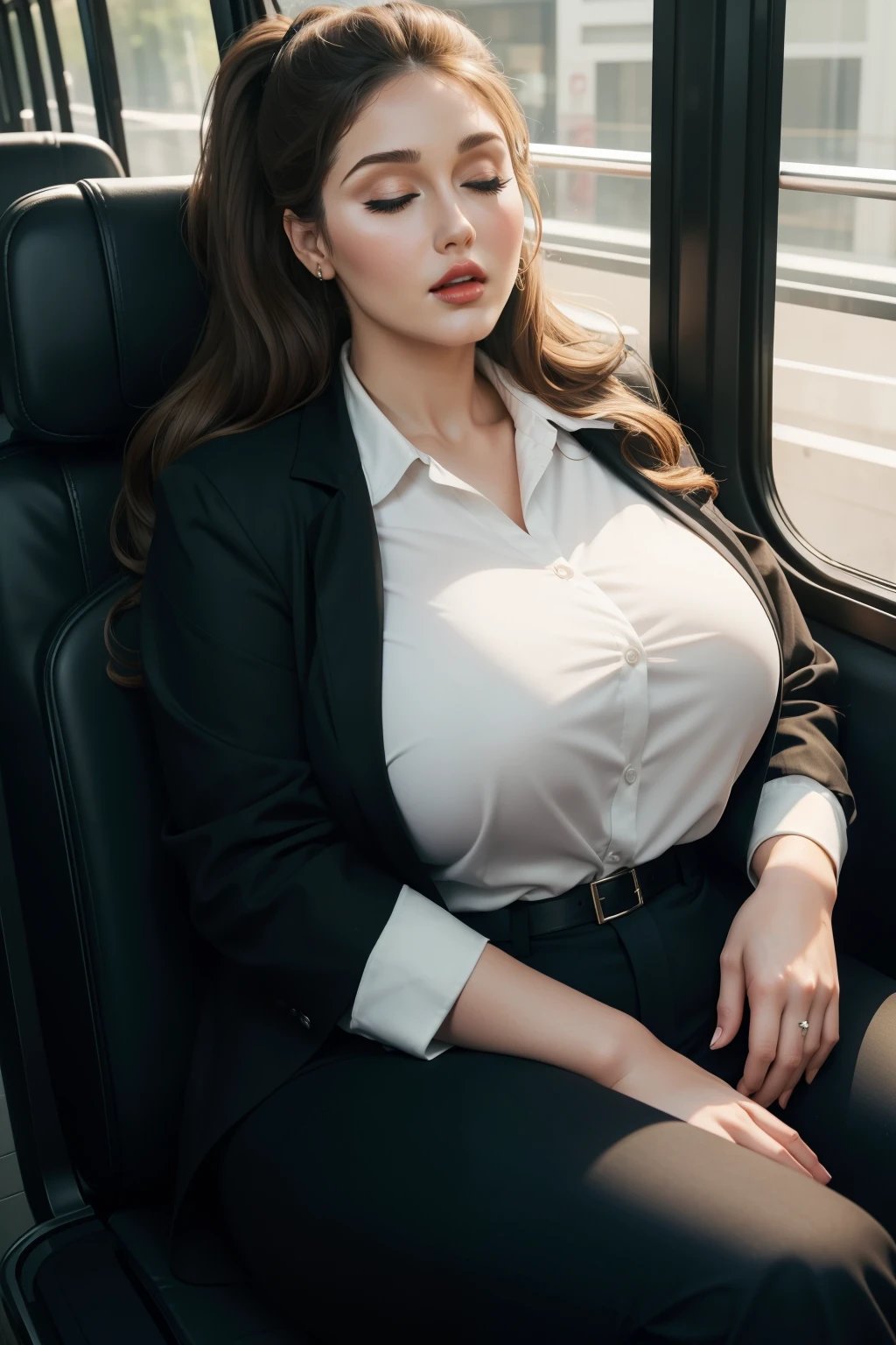 1 beautiful woman, Lucy Pinder, (Adele), voluptuous woman, brown hair, curly hair, ((very intense makeup)),((eyelids lined with makeup)), gray blazer, gray skirt, pantyhose, sleeping sitting on the bus , ((mouth wide open)), eyes closed.