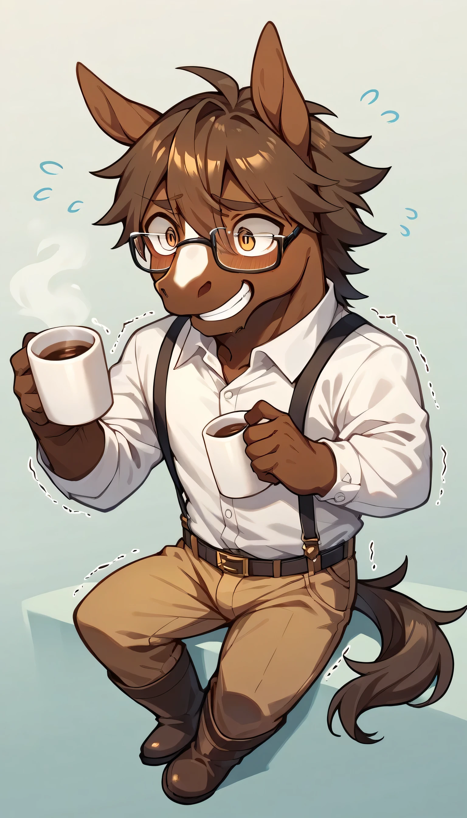 A high resolution,((best quality)), ((masterpiece)), portrait, solo, thin, (male horse), kemono, chibi, glasses, mug of coffee, nervous from coffee, shaking, crazy smile, with a white shirt, brown pants, boots, no background