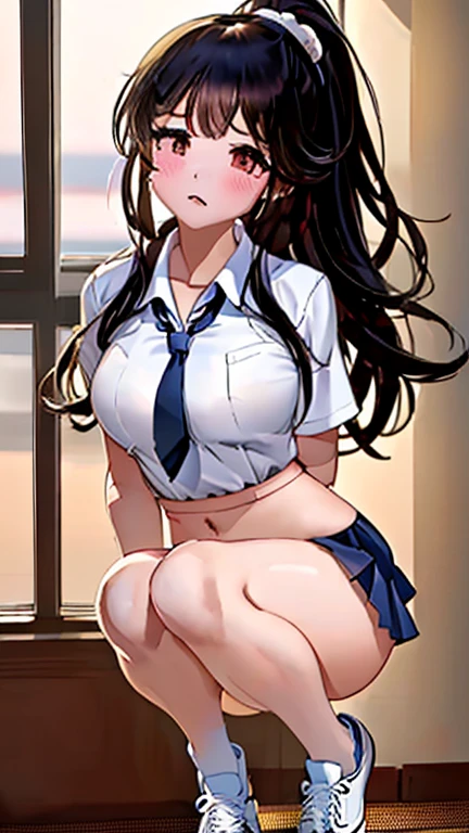 Hentai、Highest quality、Shyness、A flattering smile、Cowboy Shot、Busty high school girl stands on the school rooftop, spreads her legs, lifts her skirt and shows off her panties、 over a metre、Thick legs、Clear eyes