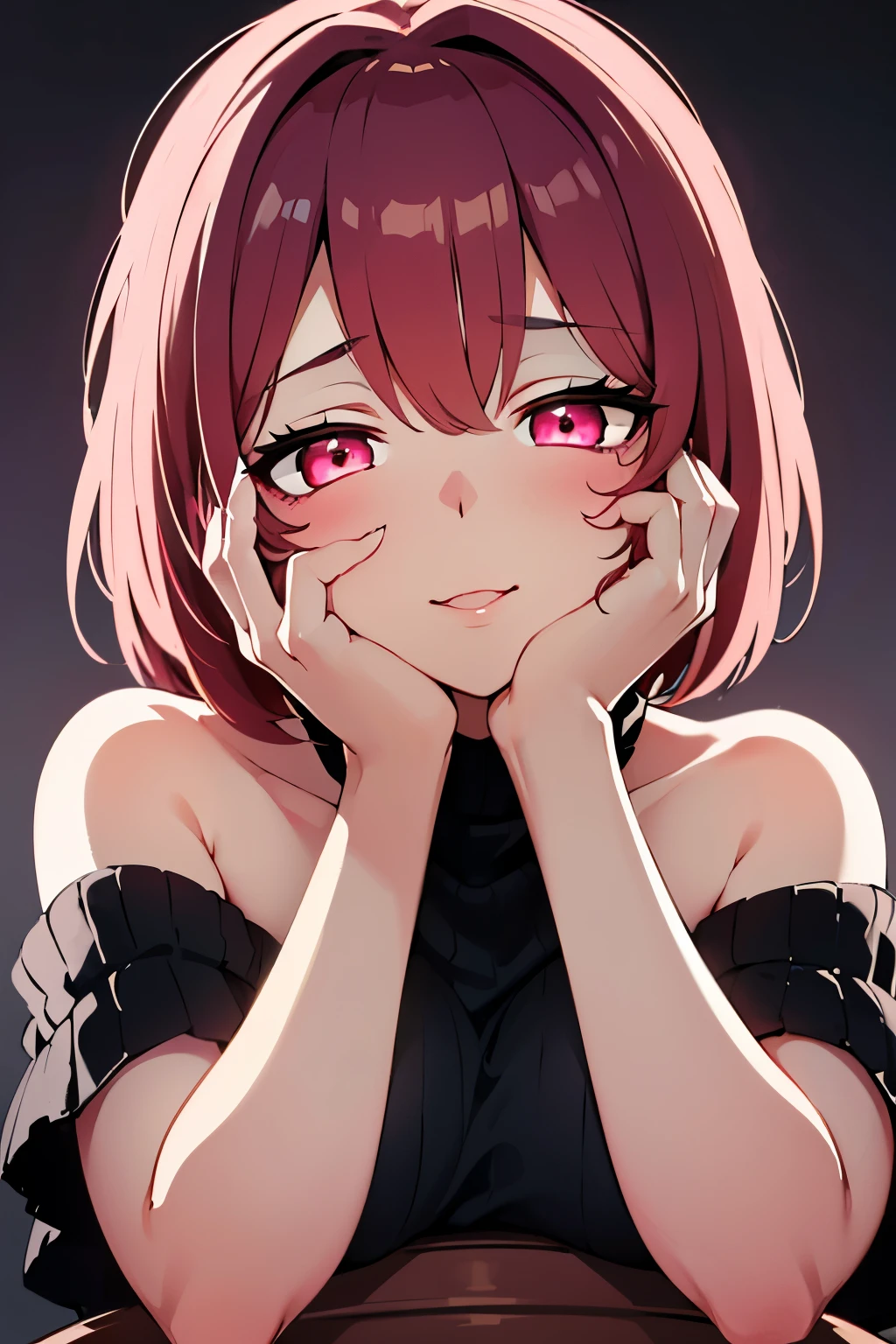 masterpiece, Best Quality, Illustration, Ultra-detailed, finely detail, hight resolution, 8K Wallpaper, Perfect dynamic composition, Beautiful detailed red eyes, offshoulder sweater, pink short hair, big breasts, sneering, a 18 year old girl, (kawaii:1.3), (Beautie:1.2), looking at camera, sidelong glance, glares, sullenness, Downer, make up, (hands on own cheeks:1.7), (恍惚な表情:1.5), crazy smile, portrait, (yandere:1.4), (glowing eyes:1.3), (少し開いた口:1.2), (low angle shot:1.1)