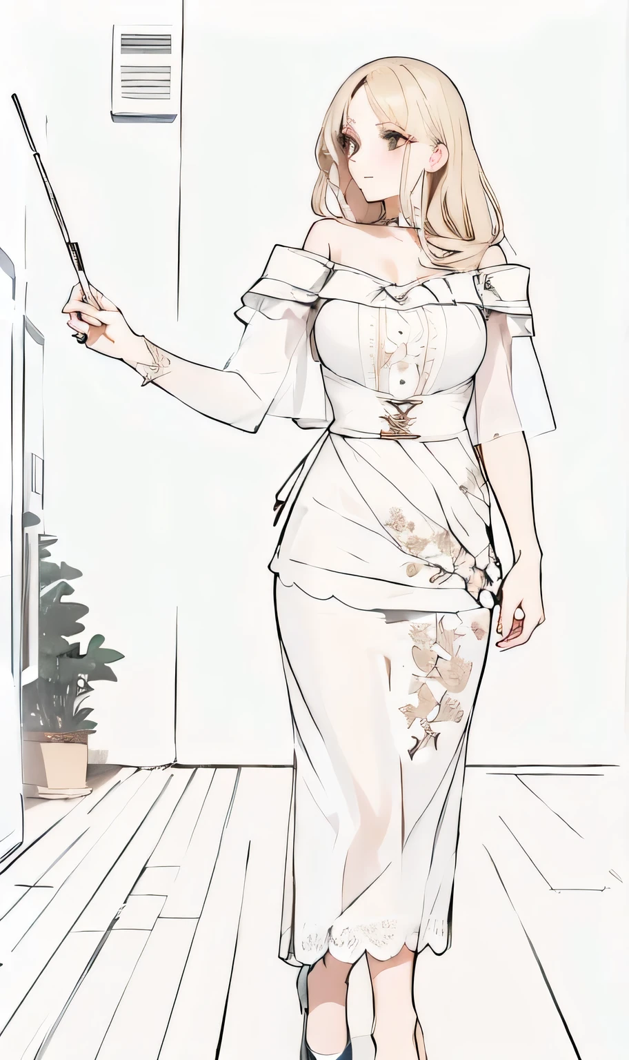Beige hip-wrapped skirt,Beige hip-wrapped skirt,Beige hip-wrapped skirt,Elegant off-the-shoulder cream lace dress,with intricate floral patterns and scalloped edges, with long, naturally flowing black hair. standing position , One-handed magic wand, creates a calm and relaxed gesture. .perfect hands anatomy, symmetrical fingers, natural knuckles, proportional palm, realistic fingernails, subtle veins on hands