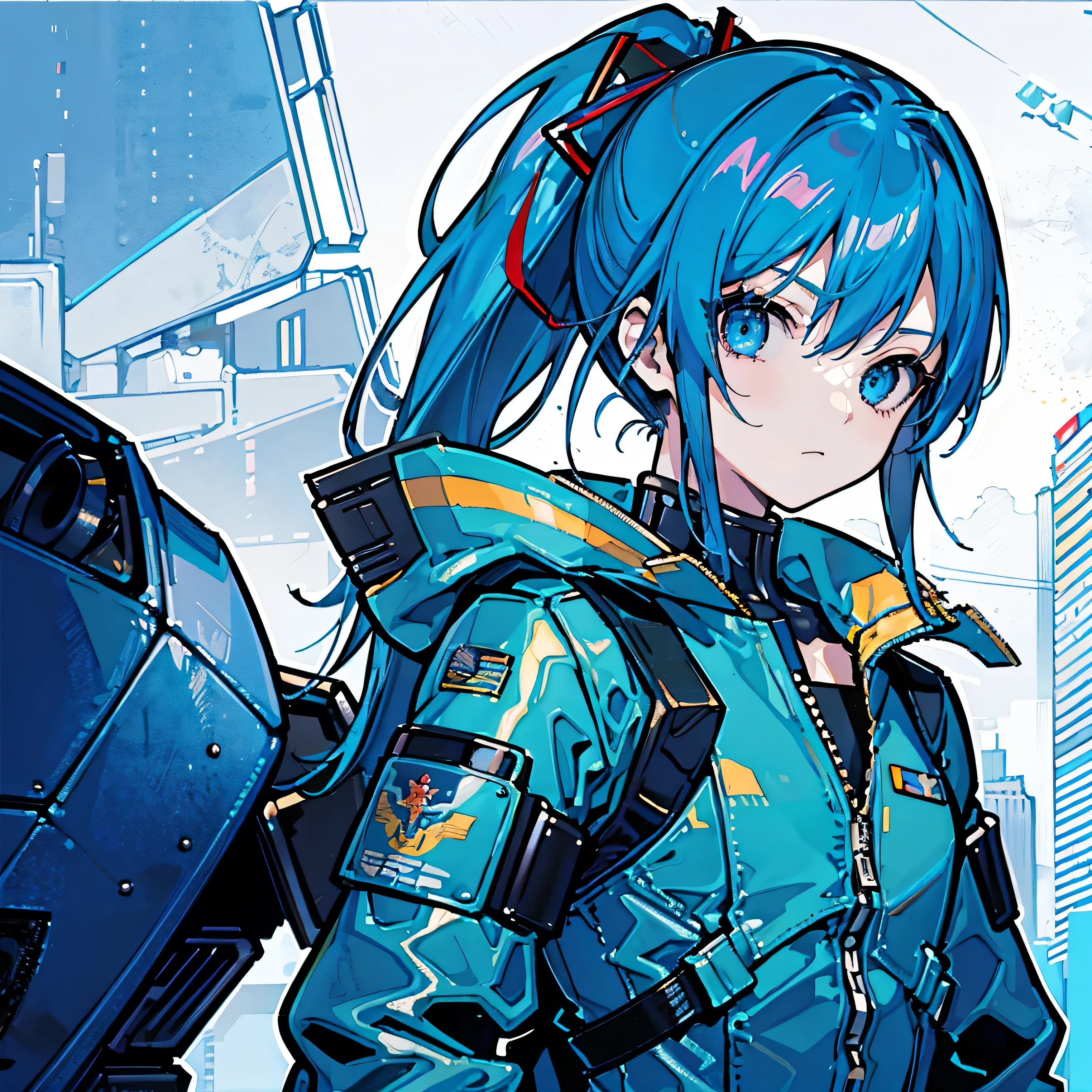Blue Hair、Masterpiece、Best Quality、1 girl、Medium breast、((Album cover))、Light on Face、Slim Body、Blue Costume、Exoskeleton、metal Gear、Cyberpunk Style、ponytail、The Gundam pilot、attention arousal，Ride a fighter
