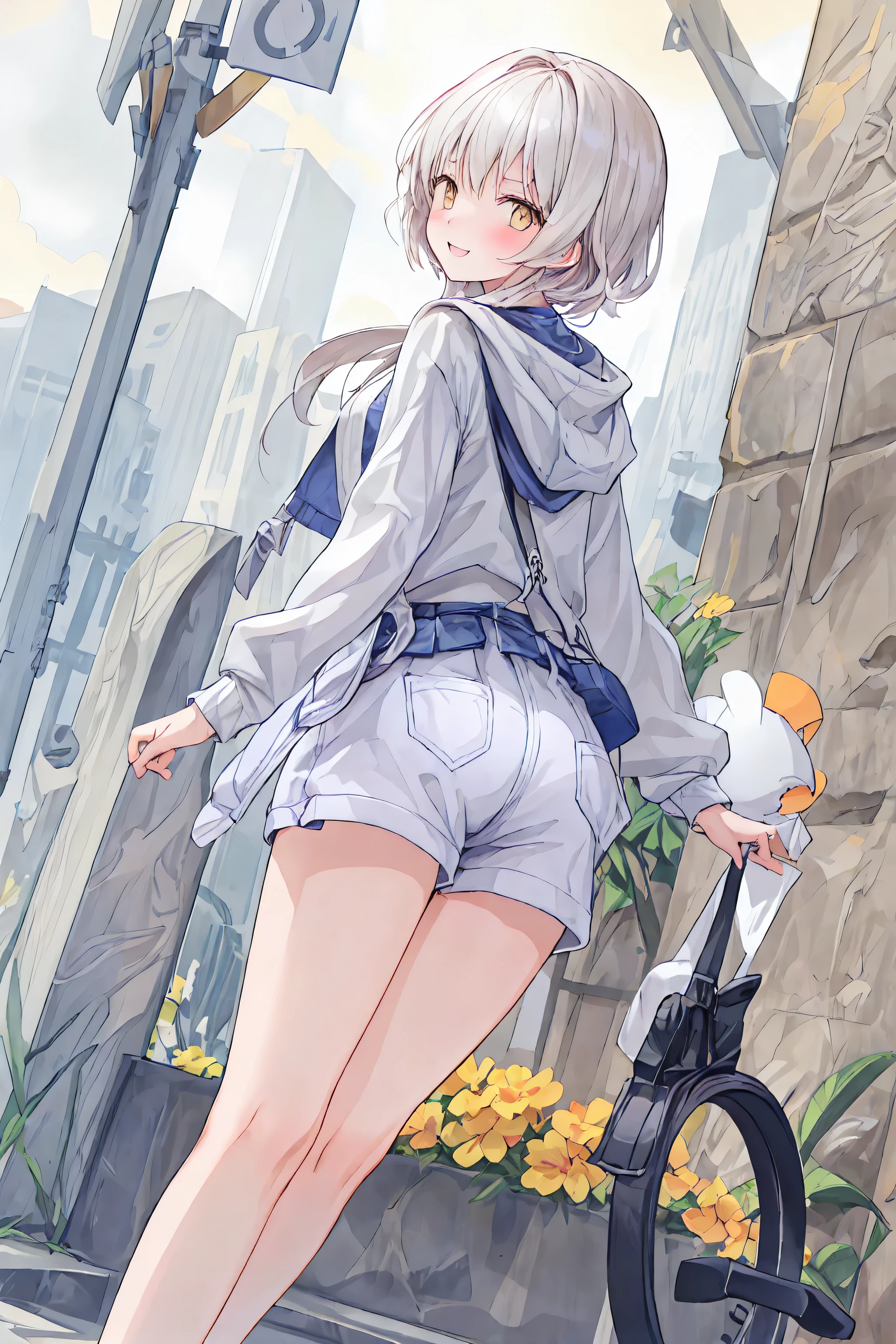 1 person, tomb, THE MOST DETAILED GIRL , look back, perfect body, female, 20 years old, Long Messy White Hair , dry hair, the best smile that captivates the eye, Floating Hair, Giant wild hair , Grin, v-shaped eyebrows, Golden Eyes, medium chest , bright skin, Larger clothes, hoodie, shorts, sandals, black clothes, masterpiece, best masterpiece,