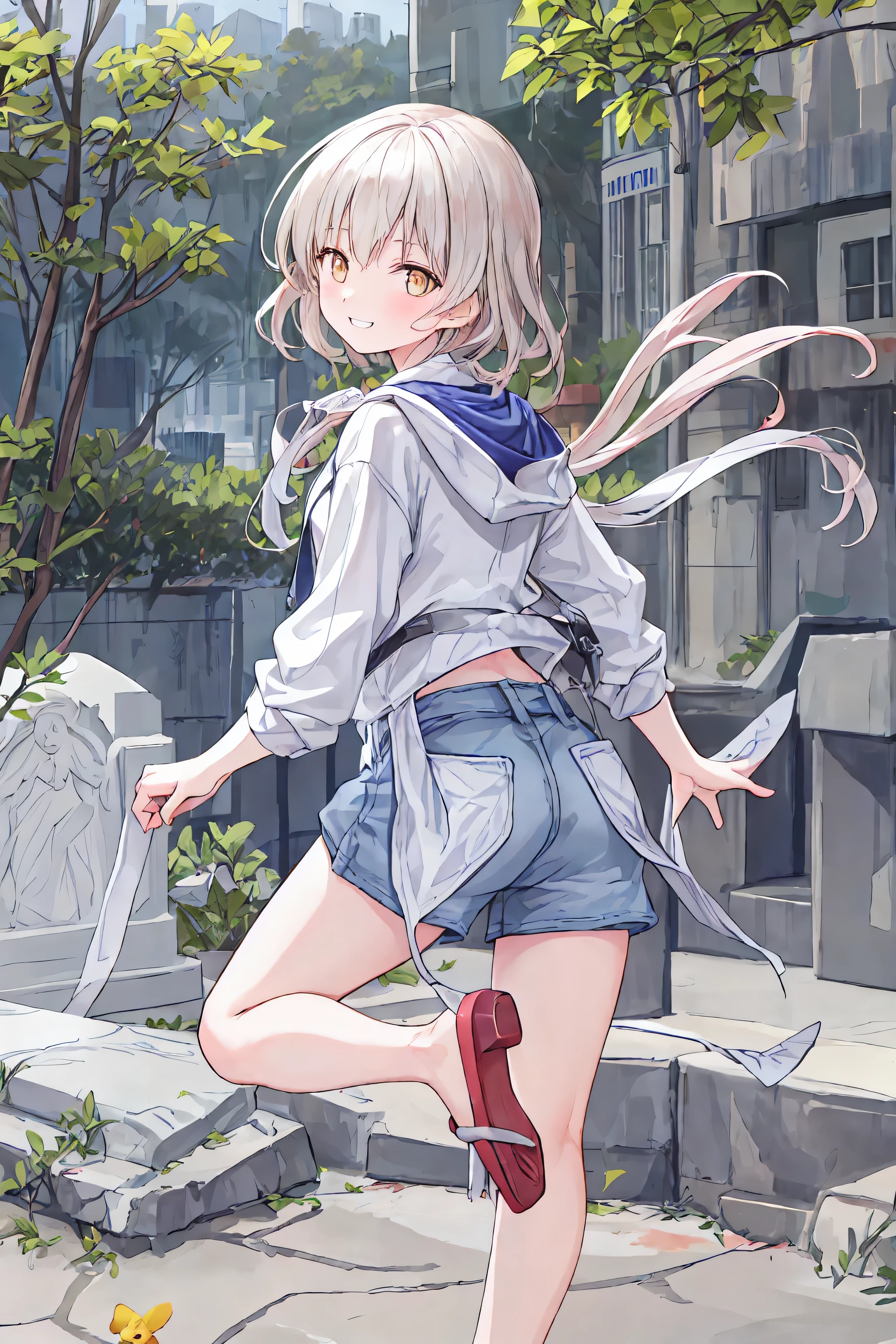 1 person, tomb, THE MOST DETAILED GIRL , look back, perfect body, female, 20 years old, Long Messy White Hair , dry hair, the best smile that captivates the eye, Floating Hair, Giant wild hair , Grin, v-shaped eyebrows, Golden Eyes, medium chest , bright skin, Larger clothes, hoodie, shorts, sandals, black clothes, masterpiece, best masterpiece,