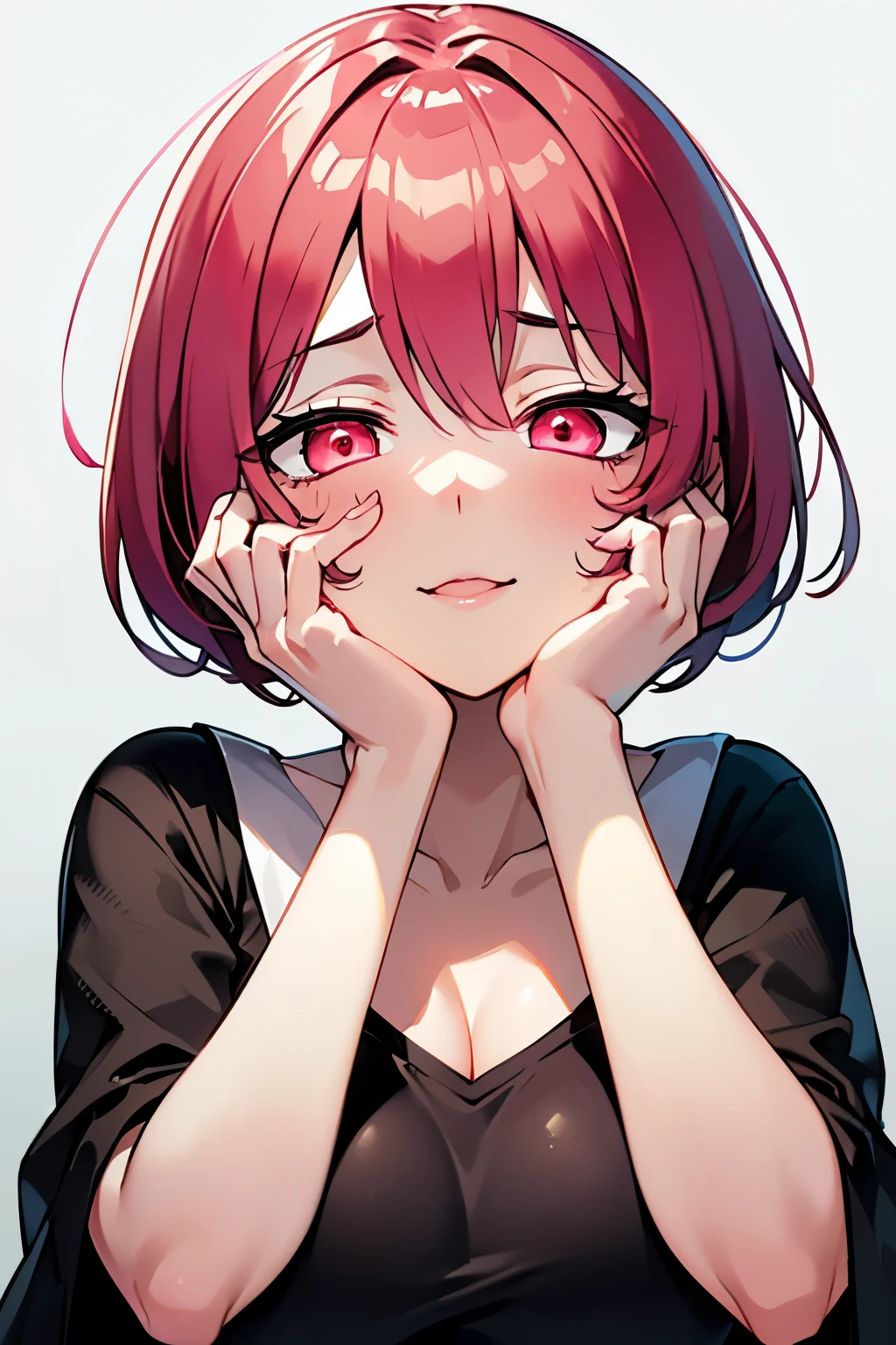 masterpiece, Best Quality, Illustration, Ultra-detailed, finely detail, hight resolution, 8K Wallpaper, Perfect dynamic composition, Beautiful detailed red eyes, shirt, pink short hair, big breasts, sneering, a 18 year old girl, (kawaii:1.3), (Beautie:1.2), looking at camera, sidelong glance, glares, sullenness, Downer, make up, (hands on own cheeks:1.7), (恍惚な表情:1.5), crazy smile, portrait, (yandere:1.4), (glowing eyes:1.3), (少し開いた口:1.2), (low angle shot:1.1)