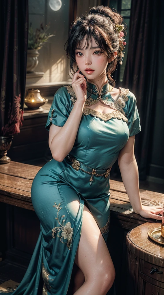 The art depicts an attractive woman dressed in a flowing silky traditional oriental dress, light blue, decorated with intricate patterns and bright colors. Her dress drapes elegantly over her curvaceous figure, emphasizing her seductive silhouette. ((The front part of the dress is intricately embroidered with large gold)), ((The chest is lace a lot)), (((Long dress)), she stood gracefully on a quiet moonlit night, bathed in the soft light of the moonlight. The scene exudes an ethereal and dreamy atmosphere with a mysterious and sexy touch. The graphic style blends watercolor and digital illustration techniques to evoke sophisticated beauty and charm. The lights are filled with soft moonlight, casting soft highlights and shadows on her charming features. wearing a tight translucent long dress, big breasts, three-dimensional facial features, sitting, upturned legs, 8k, RAW photos, highest quality, (black and long braid ponytail), high resolution, high quality photos, complex, (breast exposure, cleavage),