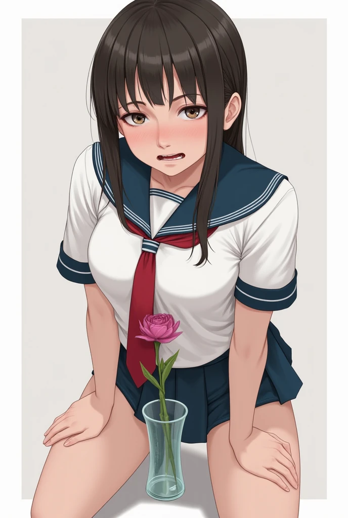 A girl with long dark hair tied to an inverted cross, with hands and legs tied with thick ropes. The girl, dressed in a dark school uniform with inverted religious symbols on her clothes, He has blood marks on his arms and face, with an expression of ecstasy or suffering looking towards the sky. Around it, There is dense vegetation and light poles with electric cables, giving a contrast between nature and the urban environment. Violet and pink flowers add a dramatic and sinister touch to the scene., while the bright lighting and white background highlight the cruelty and dark symbolism of the situation. The style is detailed and graphic., with a strong emotional and visual charge of sacrifice and desperation