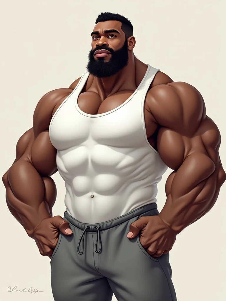 He is a black man with dark skin, with a robust and muscular physical constitution. Your height commands respect, being a tall man. At 5, he keeps himself in great physical shape, being a dedicated volleyball coach. His build is large and athletic., and he wears a thin mustache that complements his strong and imposing appearance