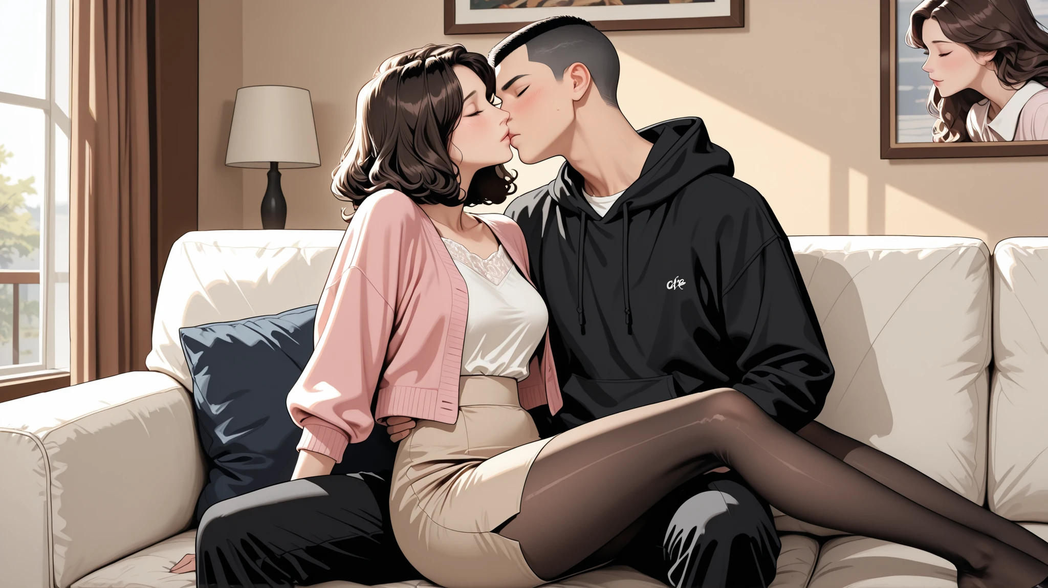 high quality, Perfect Dynamic Figures, ((black Wavy Bob hair)), Korean mature woman and crew cut Korean boy wearing black hoodie and black pants, caress , ((pantyhose)), afternoon, living room, white sofa, pink cardigan, ((beige flared skirt)), white blouse, Closed eyes,