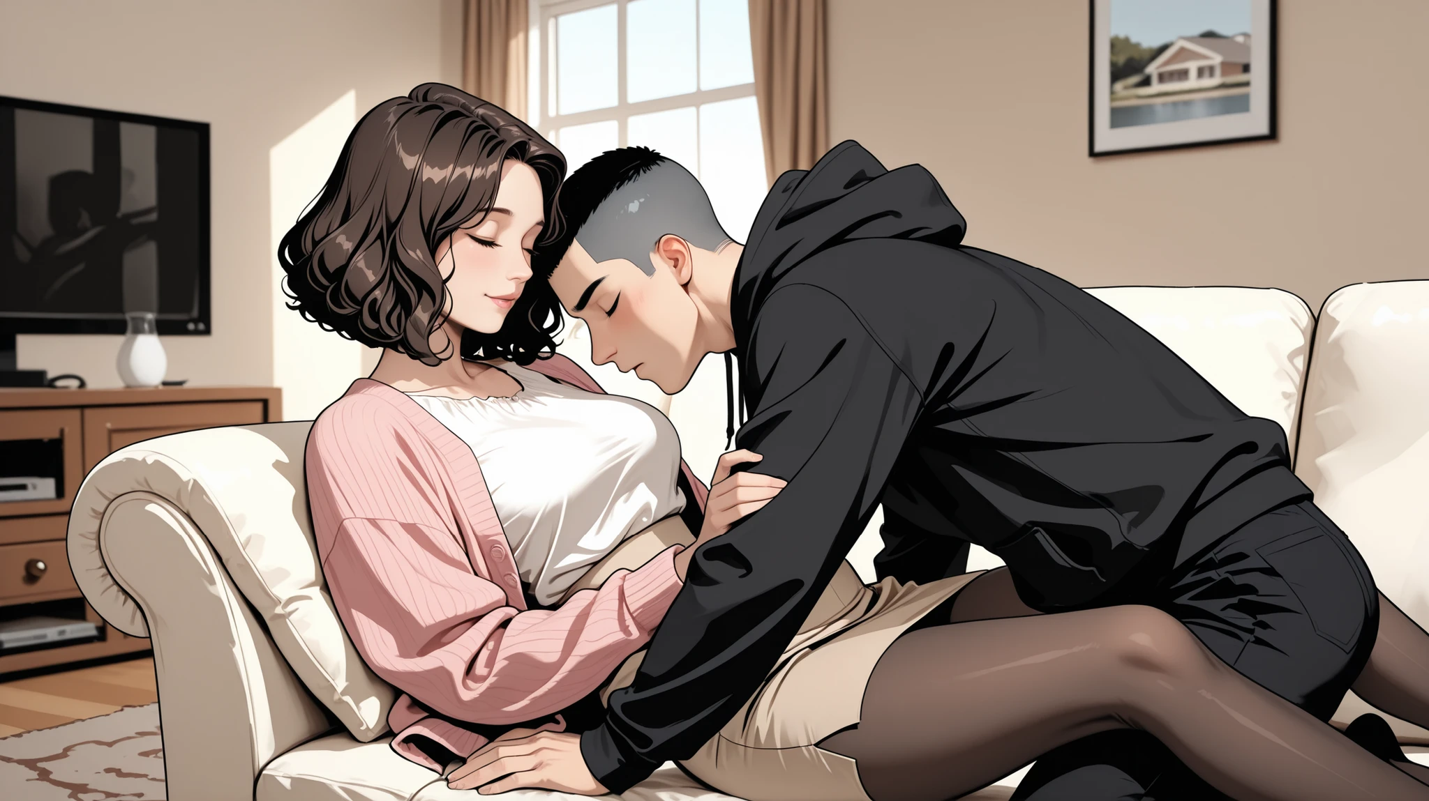 high quality, Perfect Dynamic Figures, ((black Wavy Bob hair)), Korean mature woman and crew cut Korean boy wearing black hoodie and black pants,  caress , ((pantyhose)), afternoon, living room, white sofa, pink cardigan, ((beige flared skirt)),  white blouse, Closed eyes, 