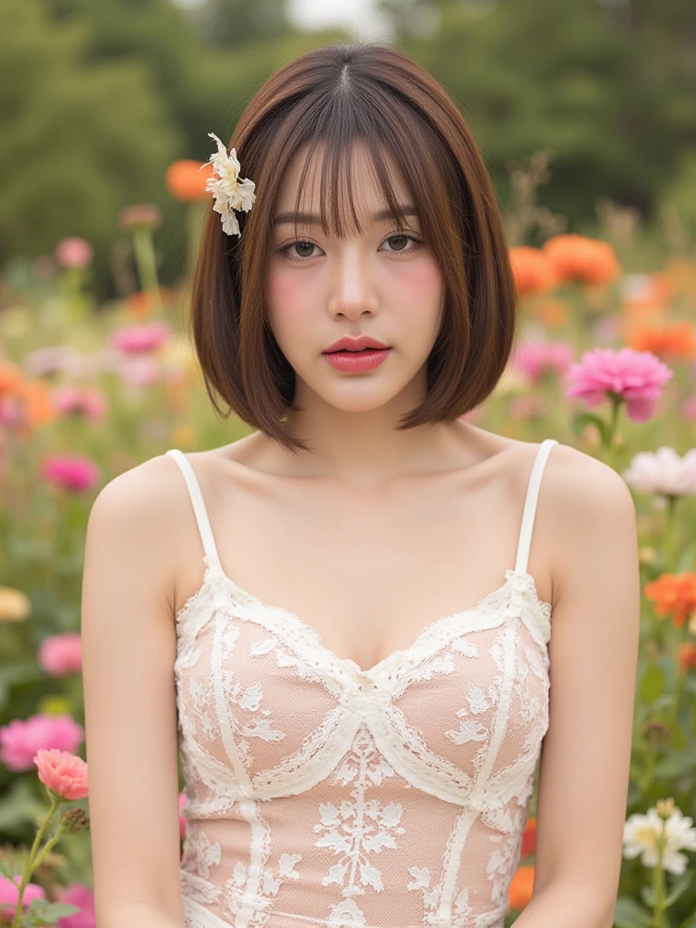 8K,Professional Lighting ,Aerial perspective ,超A high resolution ,(photographrealistic: 1.3) ,kawaii , (tits out:1.1) ,vivid flowers ,plain white bra,Detailed face ,bob cuts ,(((Asymmetry))) ,