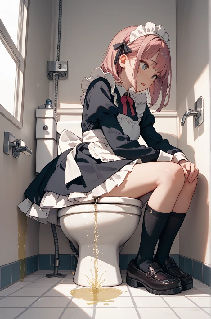 ((Best quality)), ((masterpiece)), (detailed), perfect face, full length in a pink skirt, and kneeling on the ground in pink and black striped thigh-high socks, eyes averted, руки на члене из дыры, and an open face, covered with sperm, while sucking dick through a glory hole in a toilet stall, skirt lifted, Thongs are visible