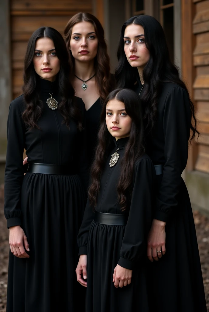 make two twin brothers, a girl and a boy, they are .
black hair, black eyes pale white skin, she wears a black dress, and he wears black period men's clothing, they need to be intimidating, be scared  
They are two wizards from the Middle Ages, they are in a medieval forest 