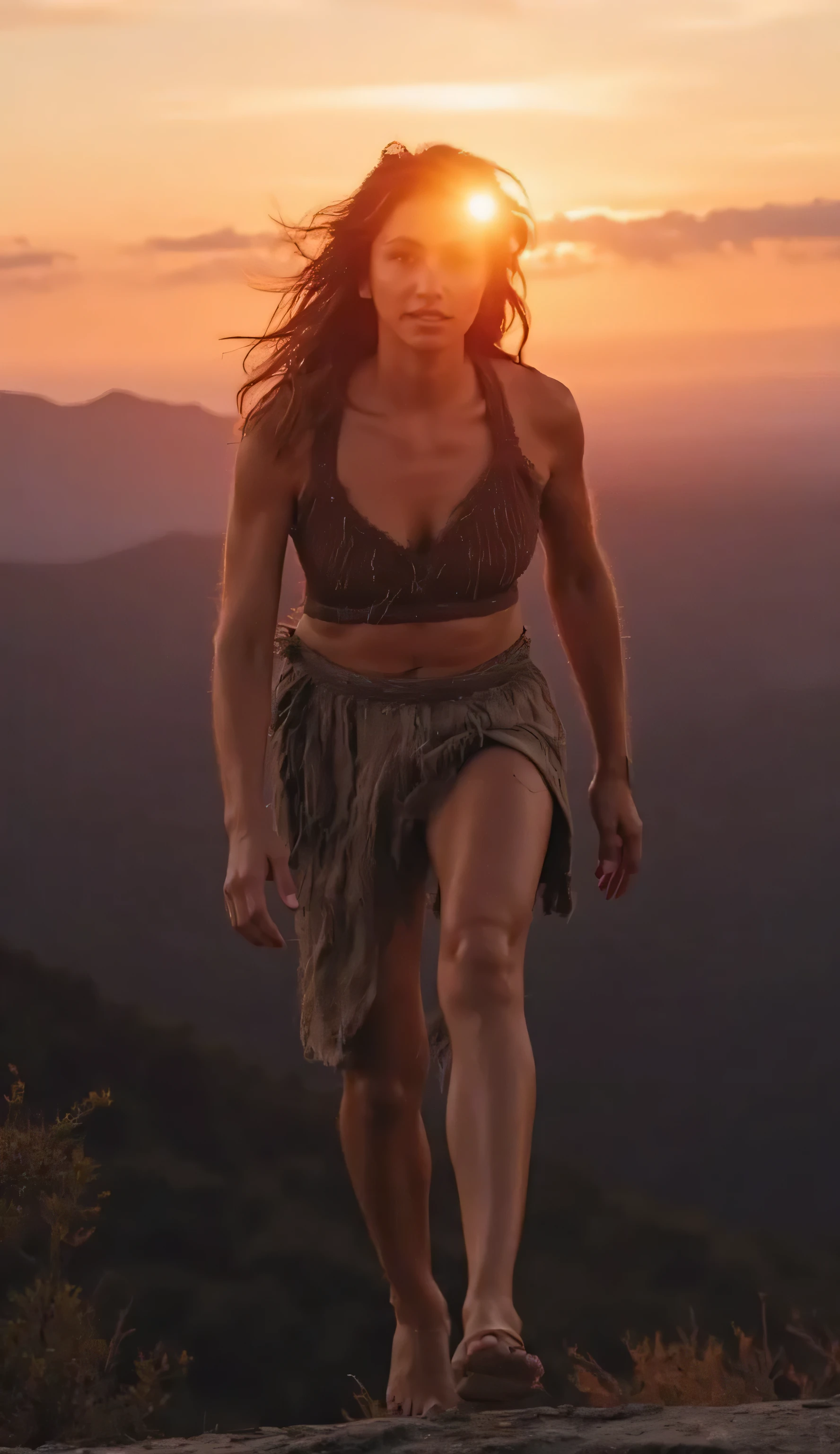 Ultra-realistic photograph of a mature prehistoric woman, an indomitable warrior, in rustic clothing, running along the top of a pointed mountain at sunset, the reddish sky produced by the last rays of the sun, large mountain peaks and forests in the background., light brown hair, eye reflection, eyeball, glowing eyes, wide-eyed, expressions, determined, Nikon, 35mm, f/16, perspective, atmospheric perspective, wide shot, vanishing point, UHD, masterpiece, accurate, anatomically correct, super detail, high details, high quality, best quality, highres
