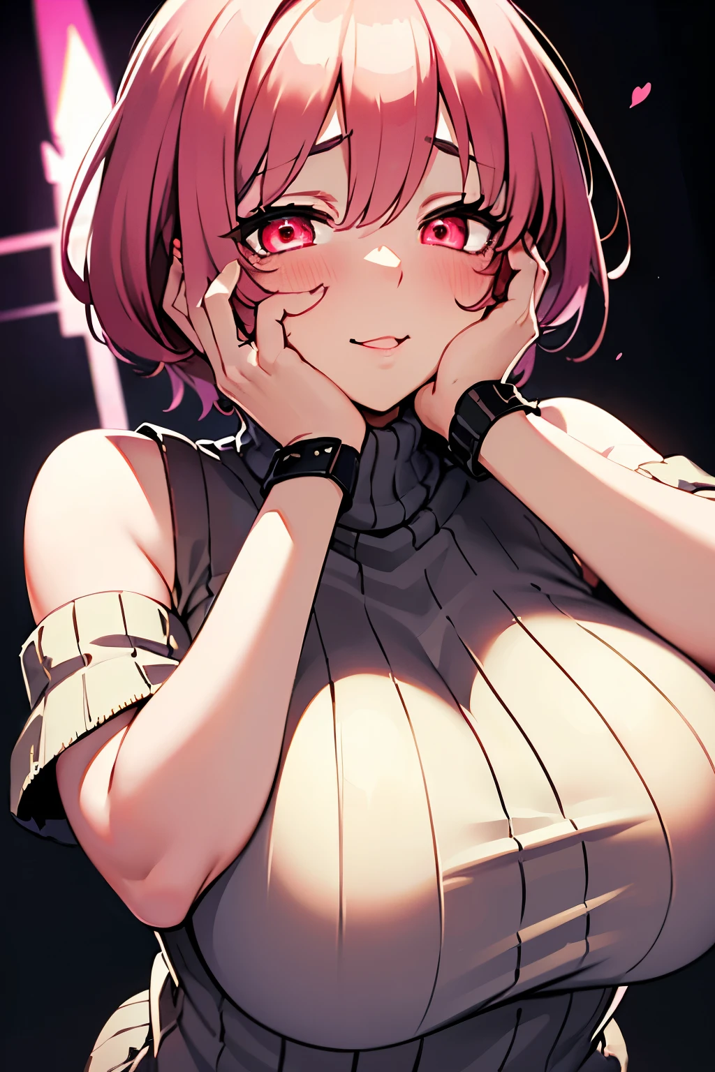 masterpiece, Best Quality, Illustration, Ultra-detailed, finely detail, hight resolution, 8K Wallpaper, Perfect dynamic composition, Beautiful detailed red eyes, offshoulder sweater, pink short hair, huge breasts, sneering, a 18 year old girl, (kawaii:1.3), (Beautie:1.2), looking at camera, sidelong glance, glares, sullenness, Downer, make up, (hands on own cheeks:1.7), (恍惚な表情:1.5), crazy smile, portrait, (yandere:1.4), (glowing eyes:1.3), (少し開いた口:1.2), (low angle shot:1.1)