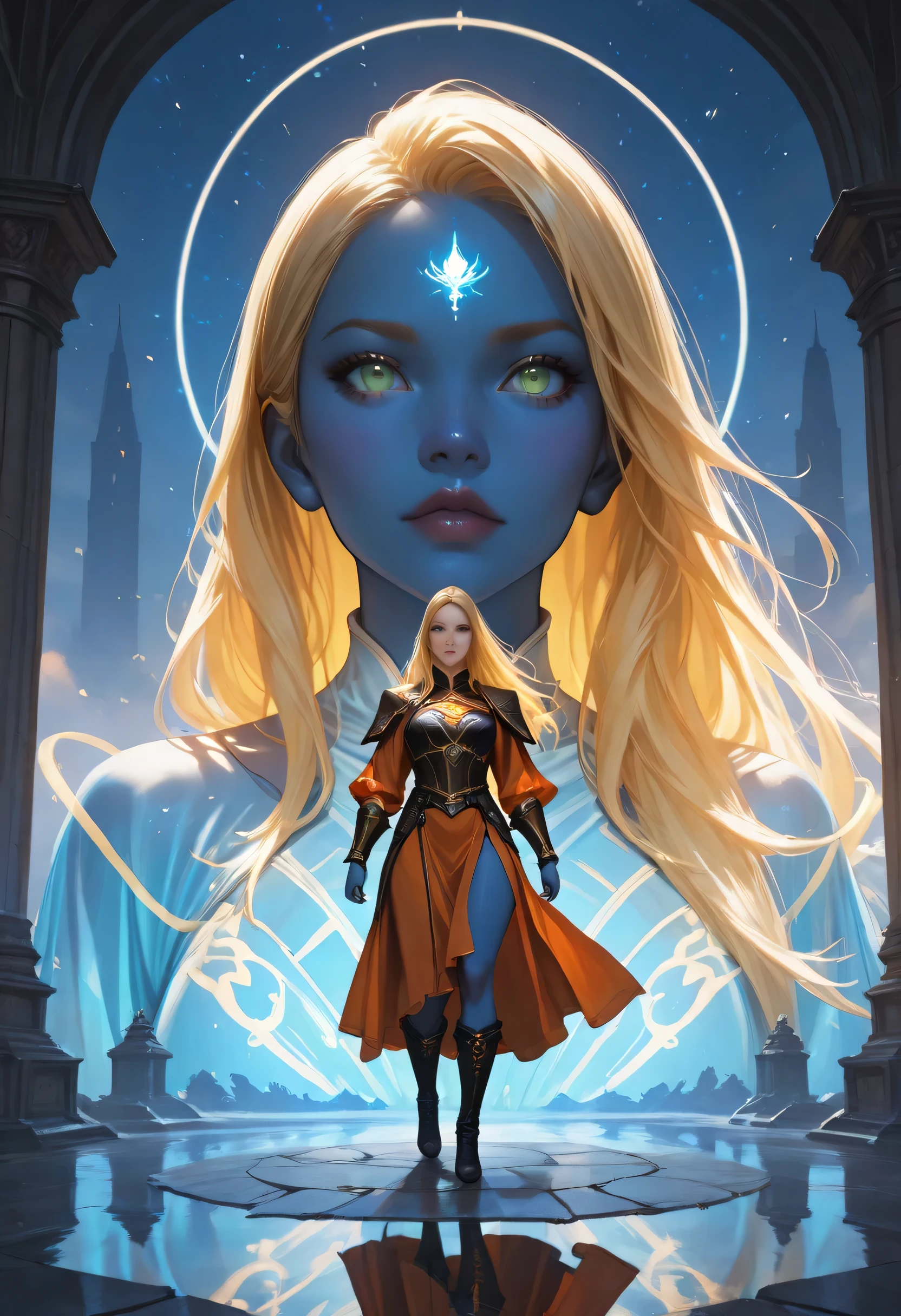 portrait a female ((blue skin: 1.5)), intense details facial details, exquisite beauty, cleric, (dark blue skin: 1.5)) female, ((yellow hair: 1.5)), long hair, (((no ears: 1.5))), (green eyes: 1.3), armed with a fiery sword red fire, wearing (twilight priestly combat vestments: 1.5), wearing high heeled laced boots, wearing an (orange cloak:1.3), wearing glowing holy symbol, fantasy art, dnd art, RPG art, wide shot, (masterpiece: 1.4)  intense details, highly detailed, photorealistic, best quality, highres,  within fantasy temple background, reflection light, high details, best quality, 16k, [ultra detailed], masterpiece, best quality, (extremely detailed), close up, ultra wide shot, photorealistic, RAW, fantasy art, dnd art, fantasy art, realistic art,((best quality)), ((masterpiece)), (detailed), perfect face, fantasy, Cinematic Shot Cinematic Shot, fantasy, LOAsuccXL, fantasy, commix style
