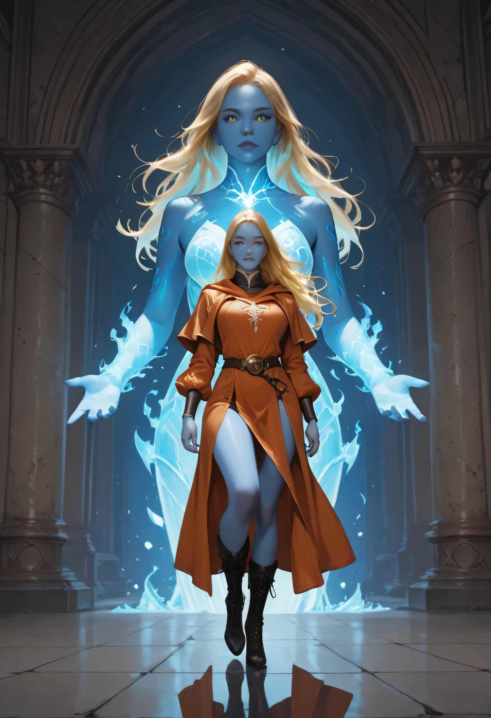 portrait a female ((blue skin: 1.5)), intense details facial details, exquisite beauty, cleric, (dark blue skin: 1.5)) female, ((yellow hair: 1.5)), long hair, (((no ears: 1.5))), (green eyes: 1.3), armed with a fiery sword red fire, wearing (twilight priestly combat vestments: 1.5), wearing high heeled laced boots, wearing an (orange cloak:1.3), wearing glowing holy symbol, fantasy art, dnd art, RPG art, wide shot, (masterpiece: 1.4)  intense details, highly detailed, photorealistic, best quality, highres,  within fantasy temple background, reflection light, high details, best quality, 16k, [ultra detailed], masterpiece, best quality, (extremely detailed), close up, ultra wide shot, photorealistic, RAW, fantasy art, dnd art, fantasy art, realistic art,((best quality)), ((masterpiece)), (detailed), perfect face, fantasy, Cinematic Shot Cinematic Shot, fantasy, LOAsuccXL, fantasy, commix style
