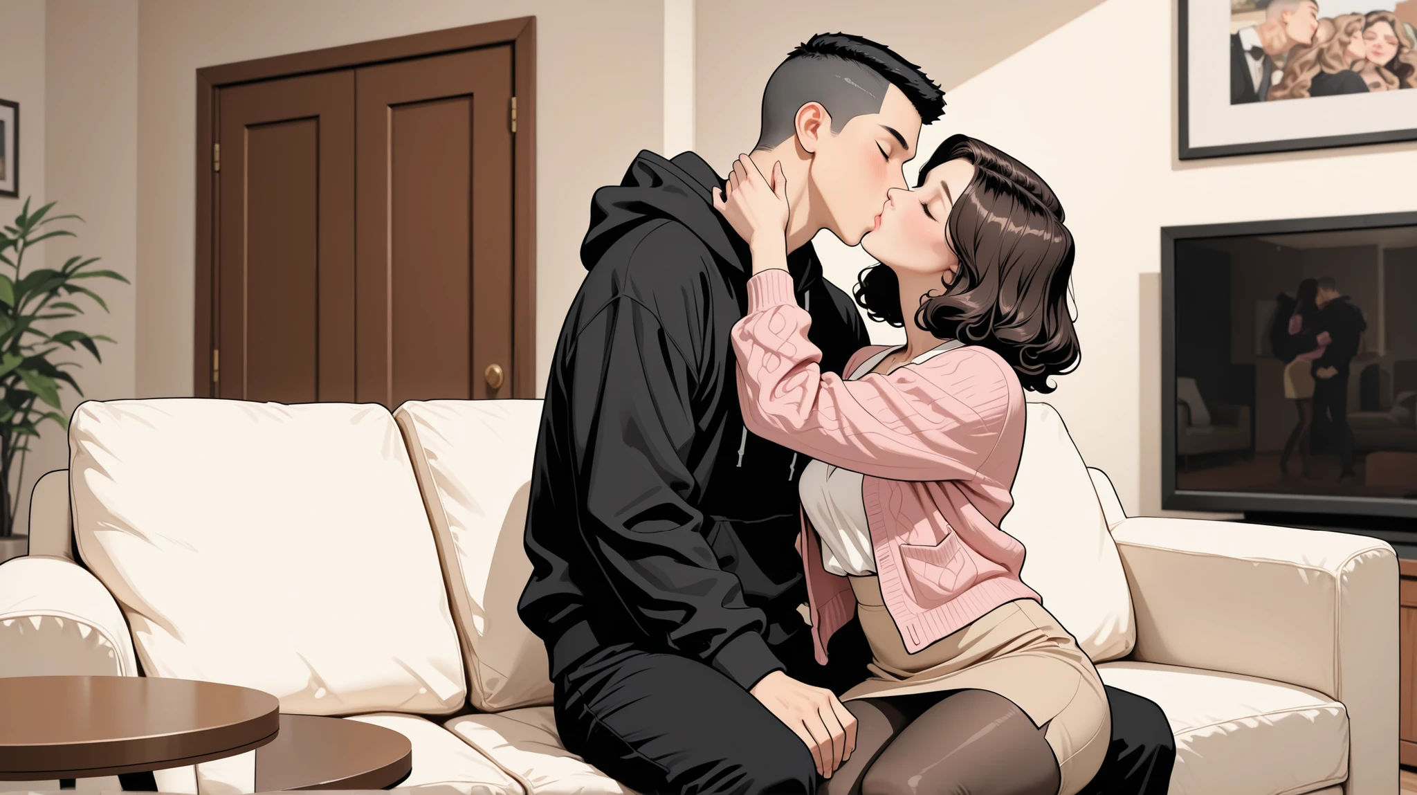 high quality, Perfect Dynamic Figures, ((black Wavy Bob hair)), Korean mature woman and crew cut Korean boy wearing black hoodie and black pants, kiss, ((pantyhose)), afternoon, living room, white sofa, pink cardigan, ((beige flared skirt)), white blouse, Closed eyes,