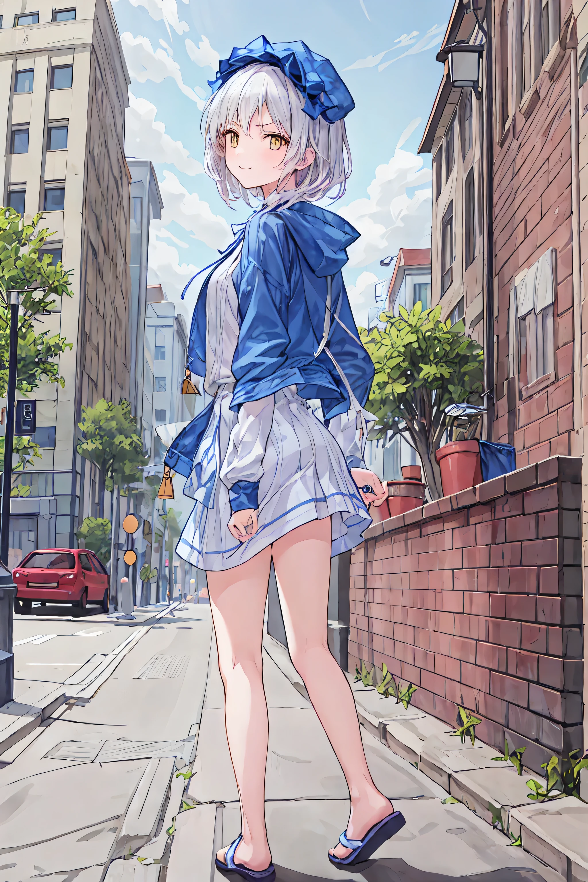 1 person, tomb, THE MOST DETAILED GIRL , look back, perfect body, female, 20 years old, Long Messy White Hair , dry hair, the best smile that captivates the eye, Floating Hair, Giant wild hair , Grin, v-shaped eyebrows, Golden Eyes, medium chest , bright skin, Larger clothes, hoodie, shorts, sandals, black clothes, masterpiece, best masterpiece,