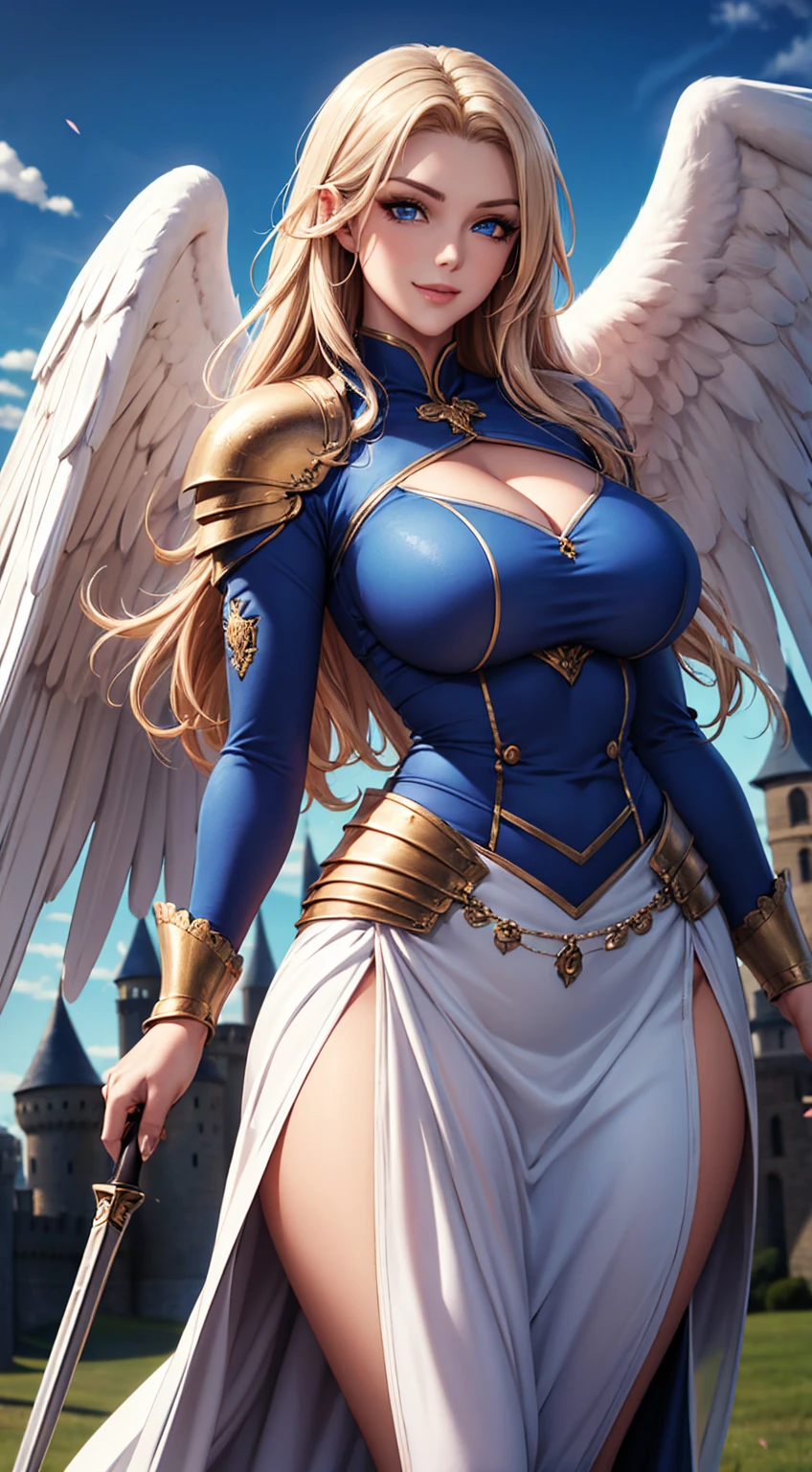 ((huge muscular valkyrie)),((very big bust,Z-cup)),(Background with,blue-sky),(((the angel's wings)))(outfits,Gold Dress 1.1)