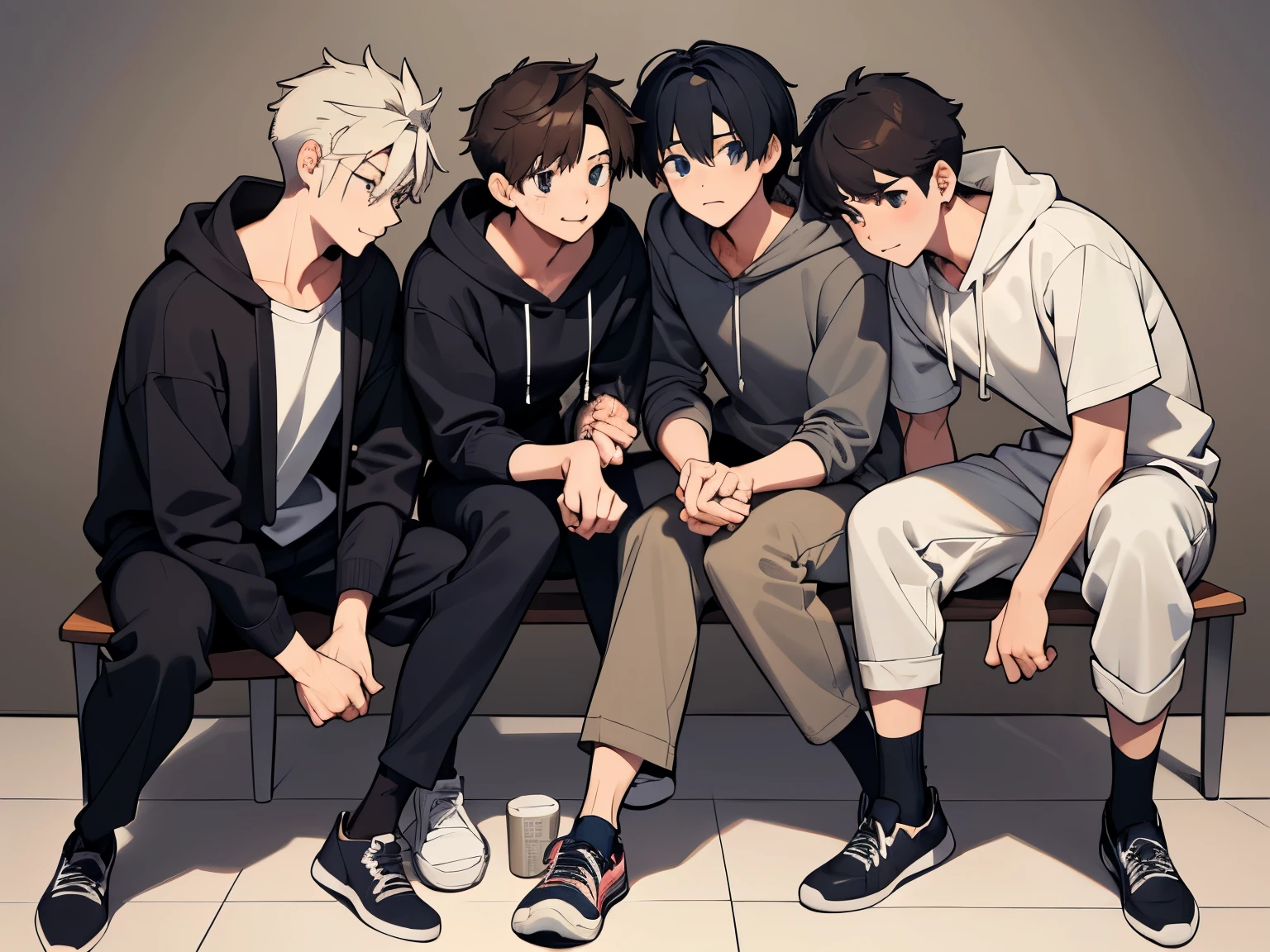 (Best Quality, high definition,Artwork,4K,8K resolution,8k, high definition),( fine details:1.1),(Anime-like:1.2),Anime protagonist,Anime Art,Fresh,Fat is on him ,(( bright, fresh boys:1.4)),,( cool:1.4,cute:1.1),Masculine Thoughts ,Handsome guy, were members of the male athletic club,clavicle,( making eye contact :1.1),(Rough Outfit ),The uniformity of rough clothing,(Rough Outfit の調整:1.4),Large hoodie,((Thin limbs:1.4)),Smoothly,Concave and convex,We are all ,(3 boys :1.3),An emotional hand,Interaction, real,Feelings are mixed ,SEXY VIRGINS ,immature fruit,(Friendship is being repainted by brainwashing into love:1.2),before we all experienced each other for the first time,Confused smile,Our future,victims ,We are unique,Future confirmed ,Punctuality,The human body is structurally accurate ,