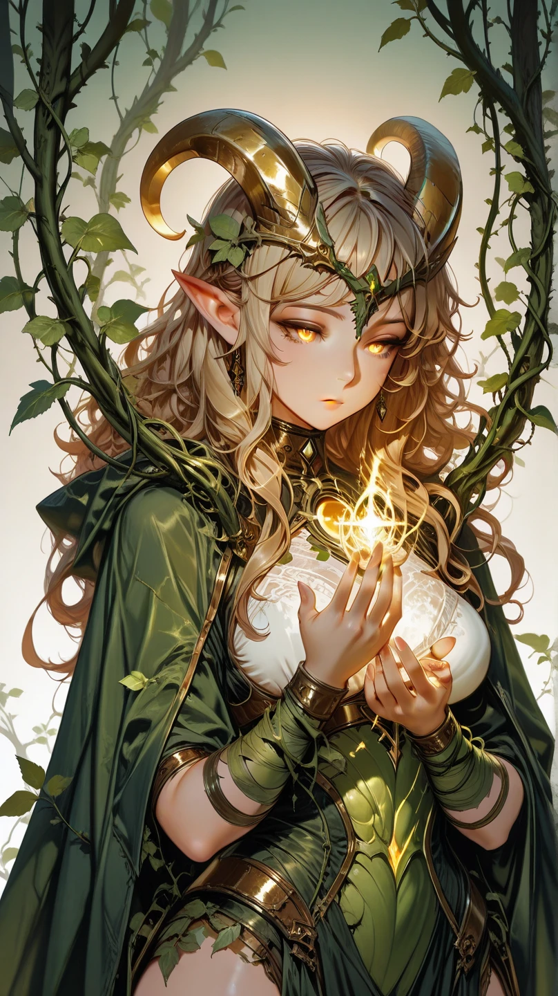 beautiful elf、golden long hair、embarrassed look、I can see the cleavage、in the forest、Many glowing insects are flying、evening