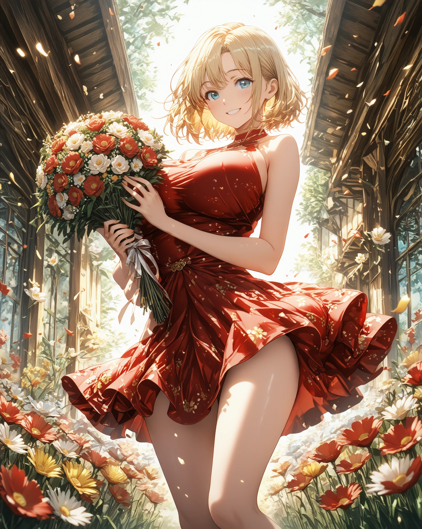 Tabletop, Young and beautiful girl, smile, Looking into the camera, Standing in front of a rose, Completely naked,Wear nothing, Estrus,Looking up,Naughty Girls, Flowers, Full body photo, Casual pose, Thin legs