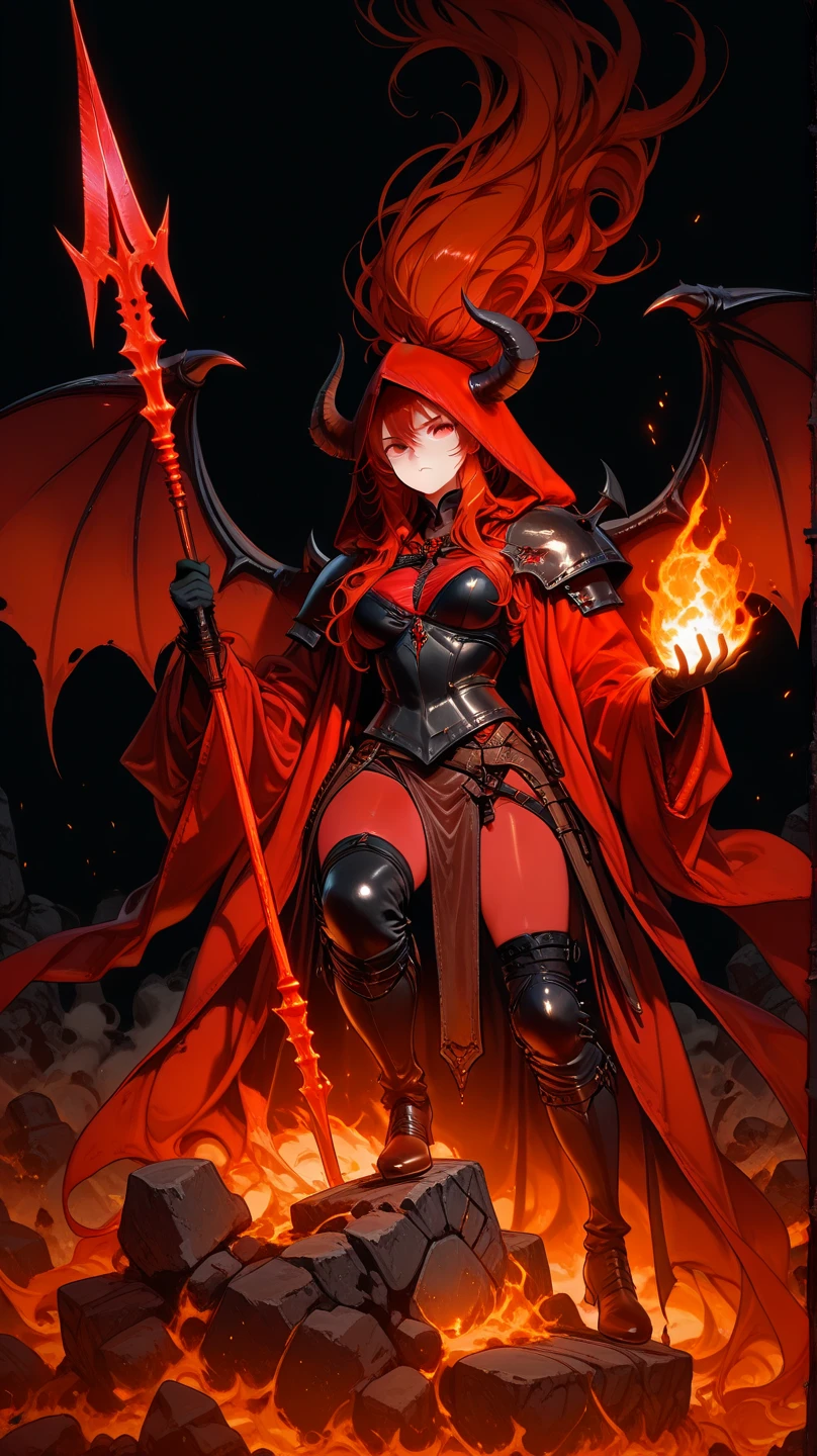 female Lava Demon,dark fantasy setting,red eyes,fiery Devil Wings,sharp horns,red Lava skin,ominous atmosphere,smoke and fire swirling around,Holding the Flame Sword,casting shadows, intense heat,crumbling ruins,Standing on the melting lava river,gloomy lighting,red and orange color palette,steaming hotness,consuming darkness,otherworldly power