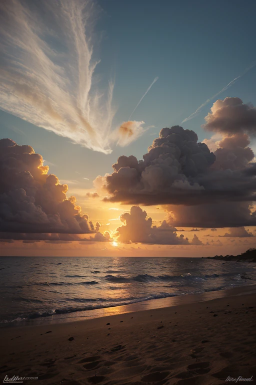 masterpiece, best quality, photo of beach, anime clouds, anime reflections on water, photograph of sun, hdr, tonemapped, real colors